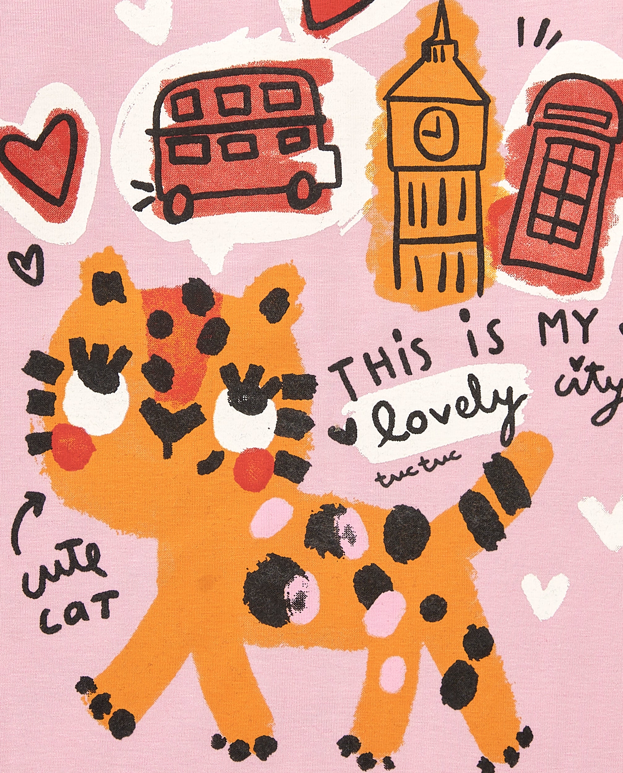Camiseta rosa con estampado de ciudad y gatito para niña de la