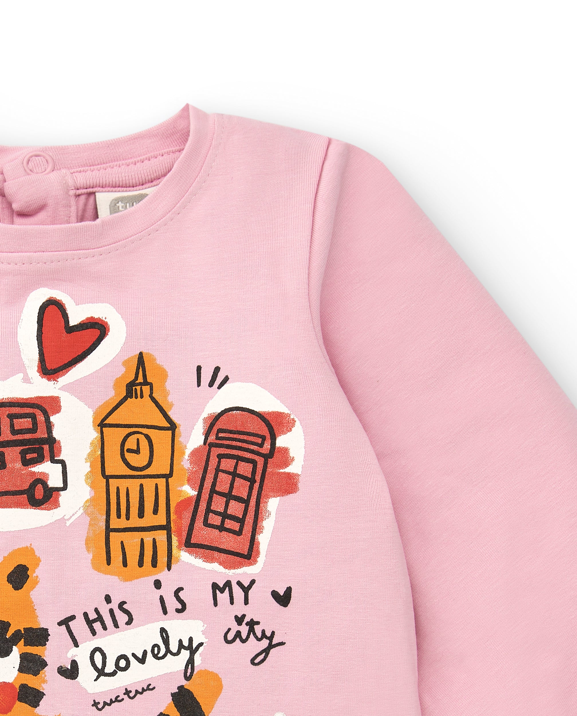Camiseta rosa con estampado de ciudad y gatito para niña de la