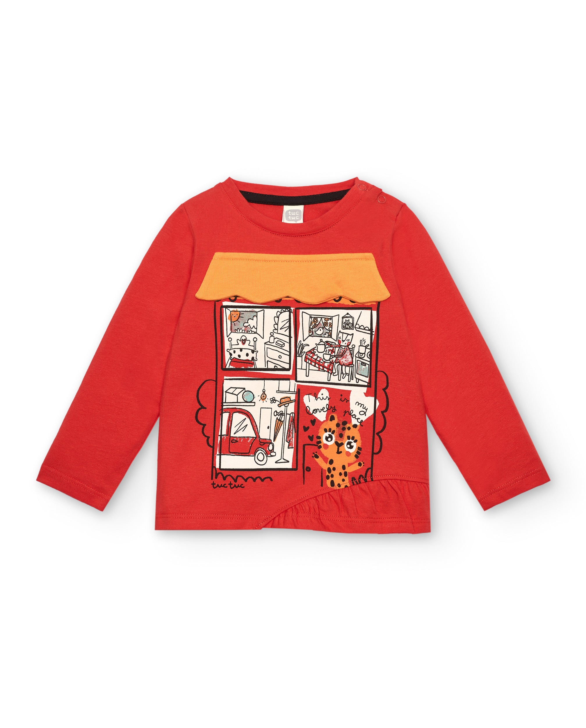 Camiseta roja con estampado de ventana y gatito para niña de la