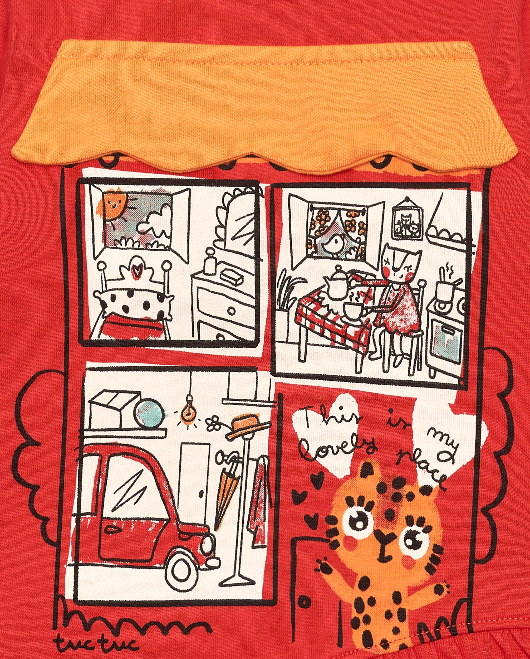 Camiseta roja con estampado de ventana y gatito para niña de la