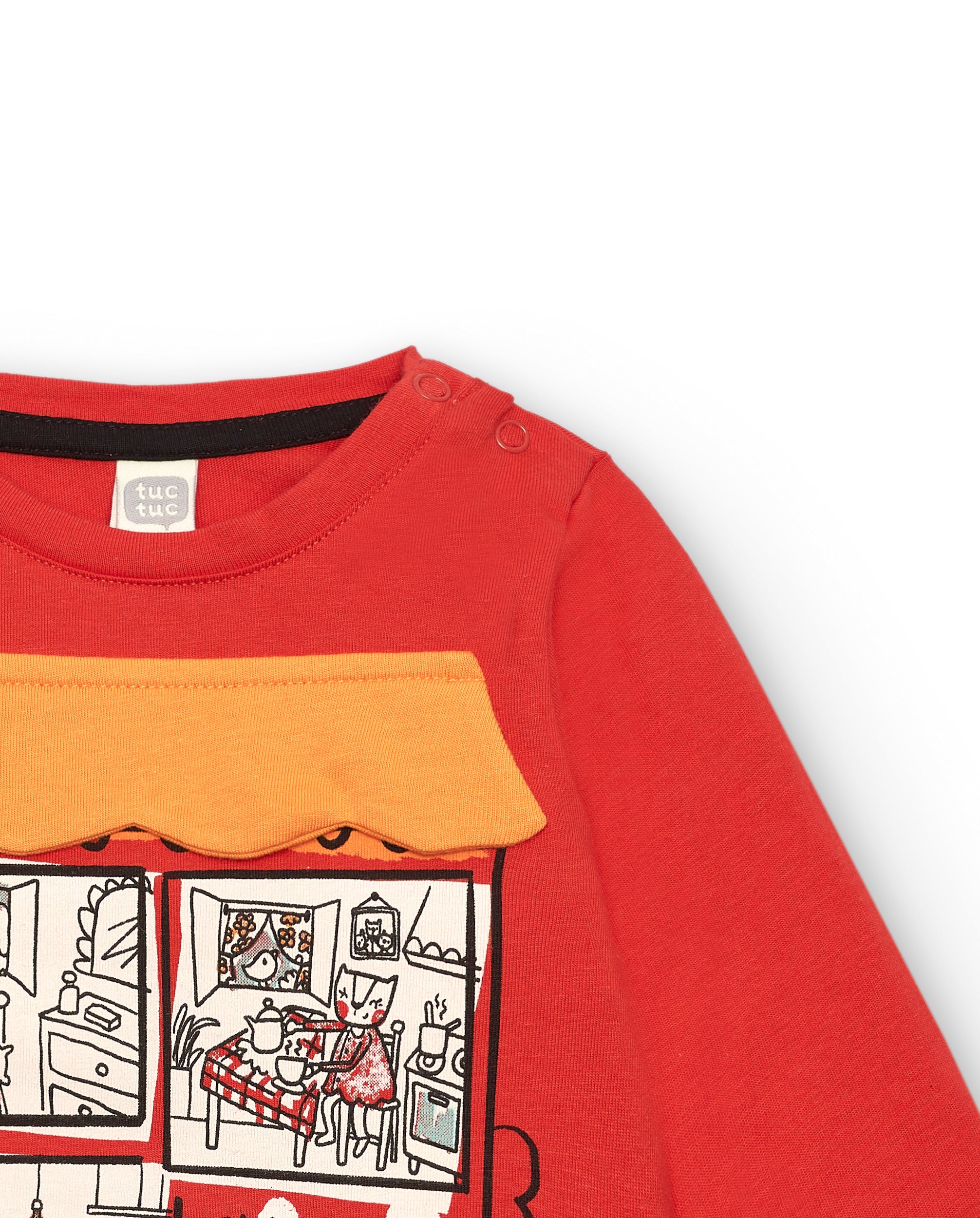 Camiseta roja con estampado de ventana y gatito para niña de la