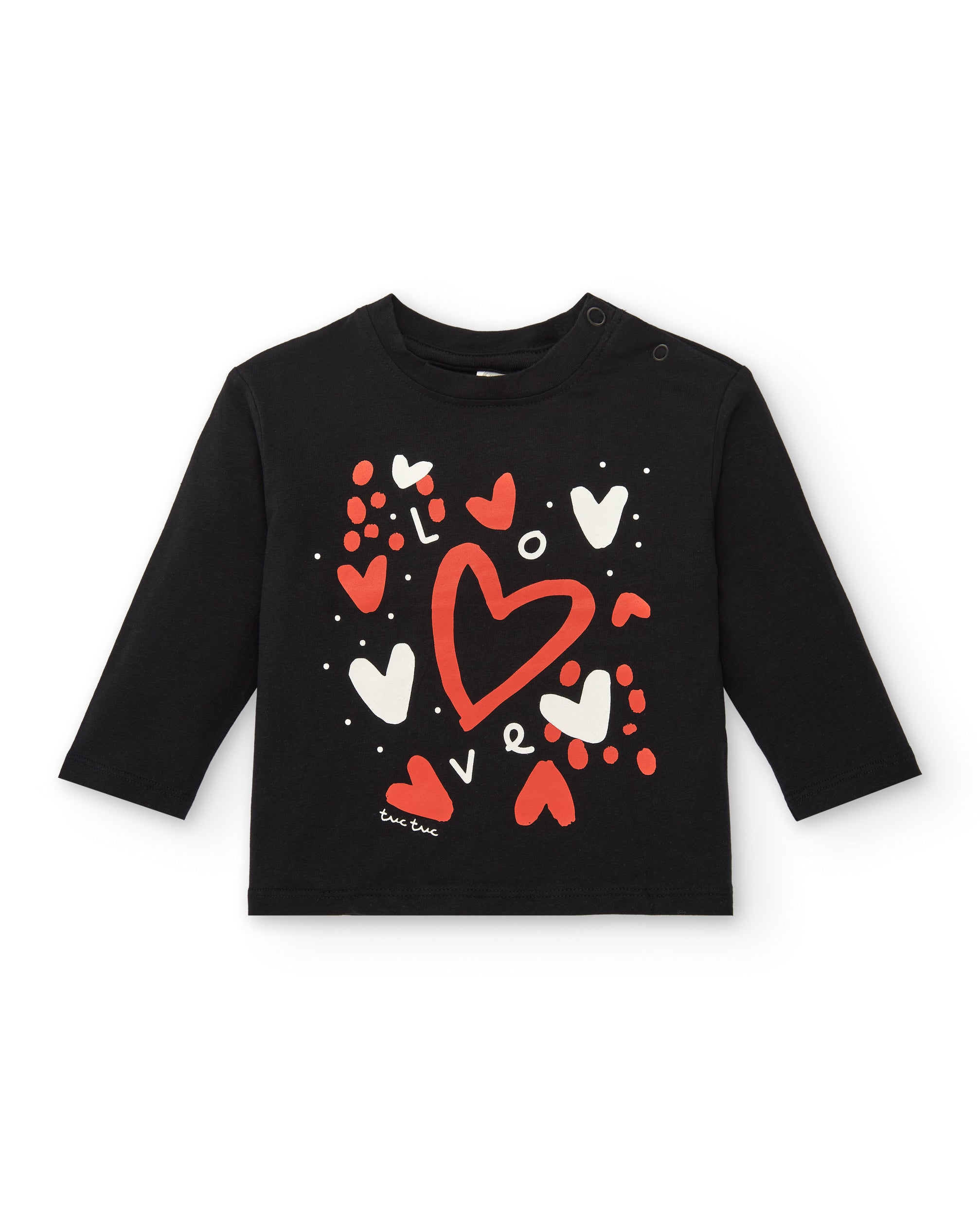 Camiseta negra con estampado de corazones rojos y blancos para