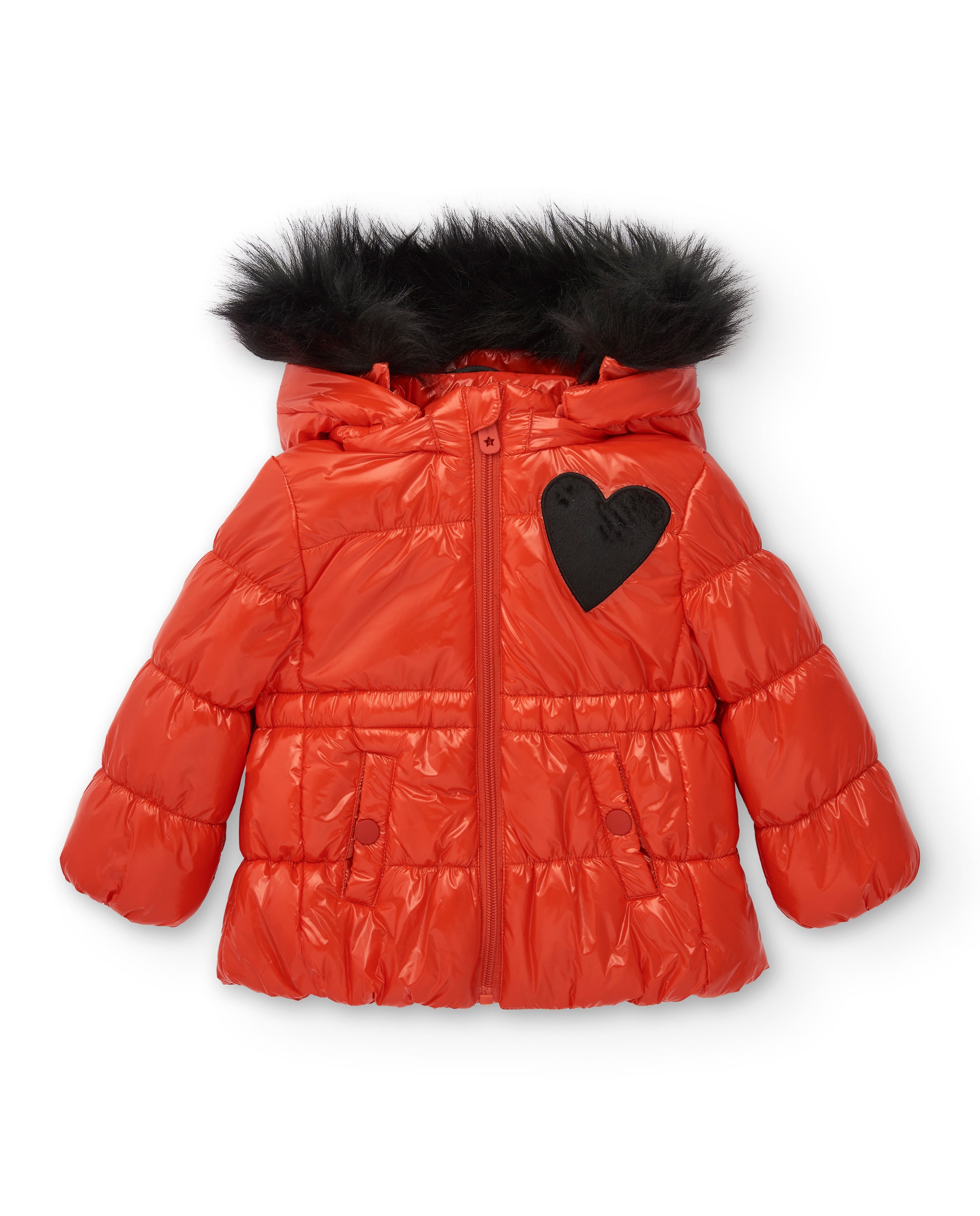 Chaqueta acolchada roja con capucha y detalle de corazón para