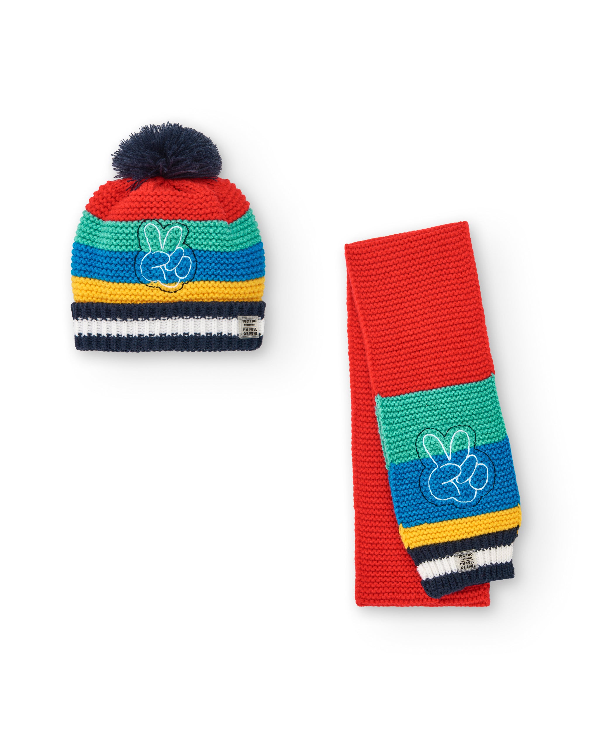 Gorro y bufanda niño en colores vivos con diseño bordado