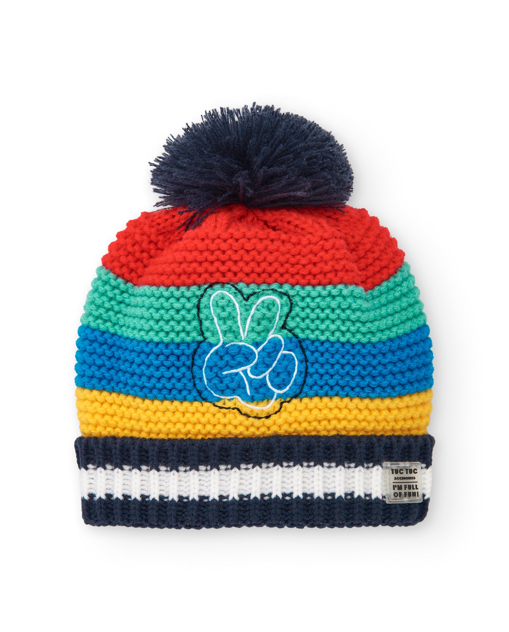 Gorro niño en colores vivos con diseño bordado y pompón