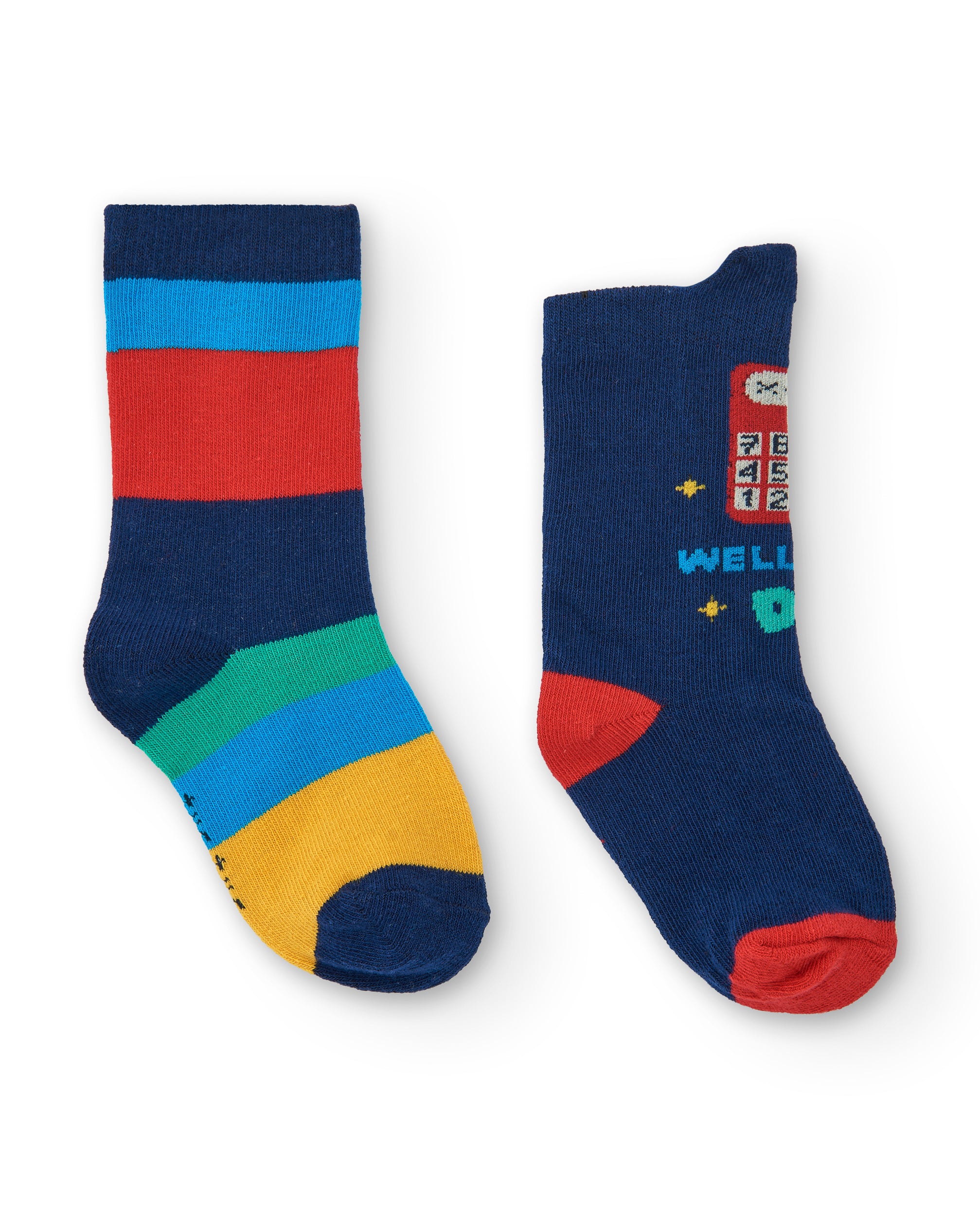 Calcetines niño en azul con rayas multicolores y estampado