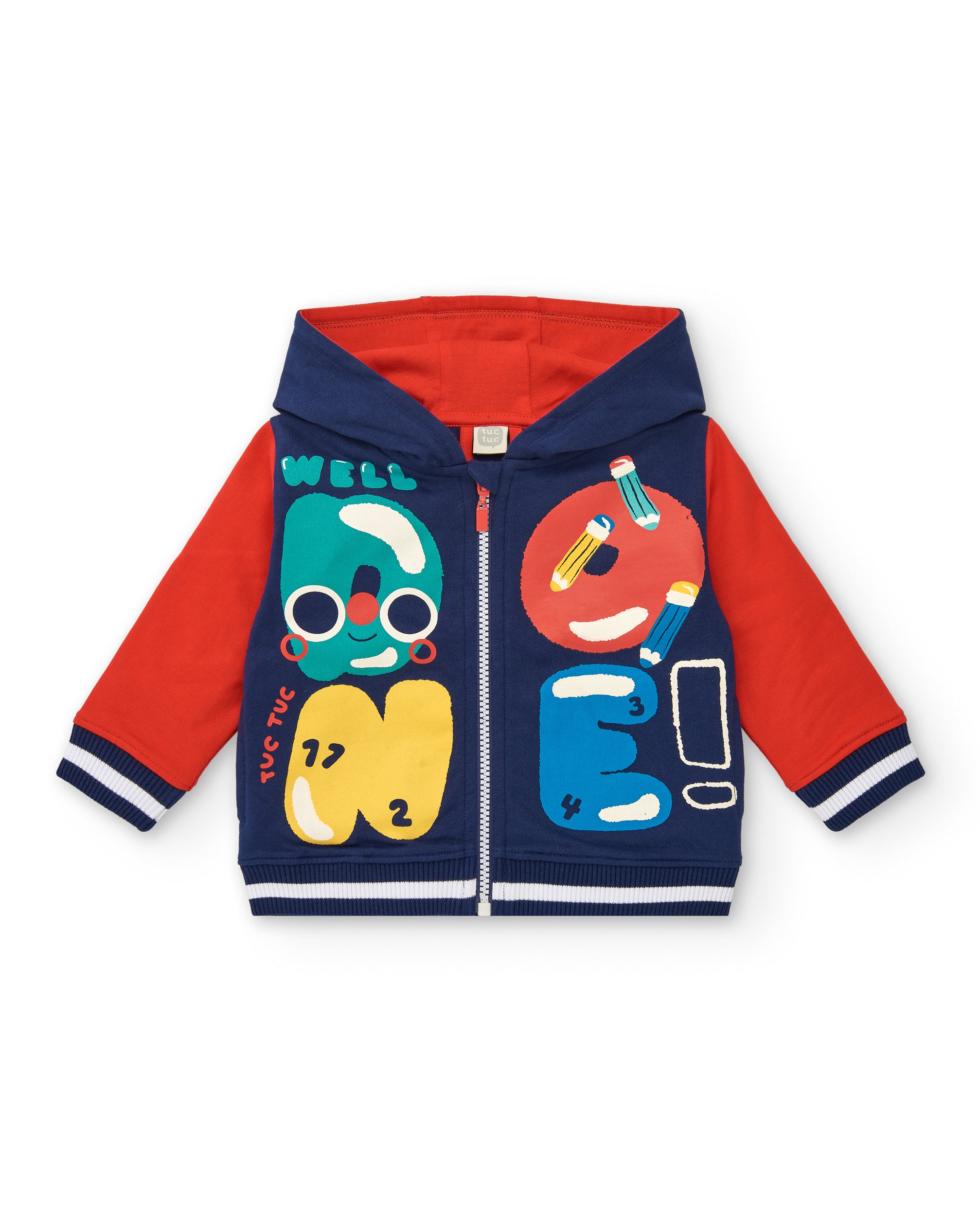 Sudadera con capucha niño en azul y rojo con estampado