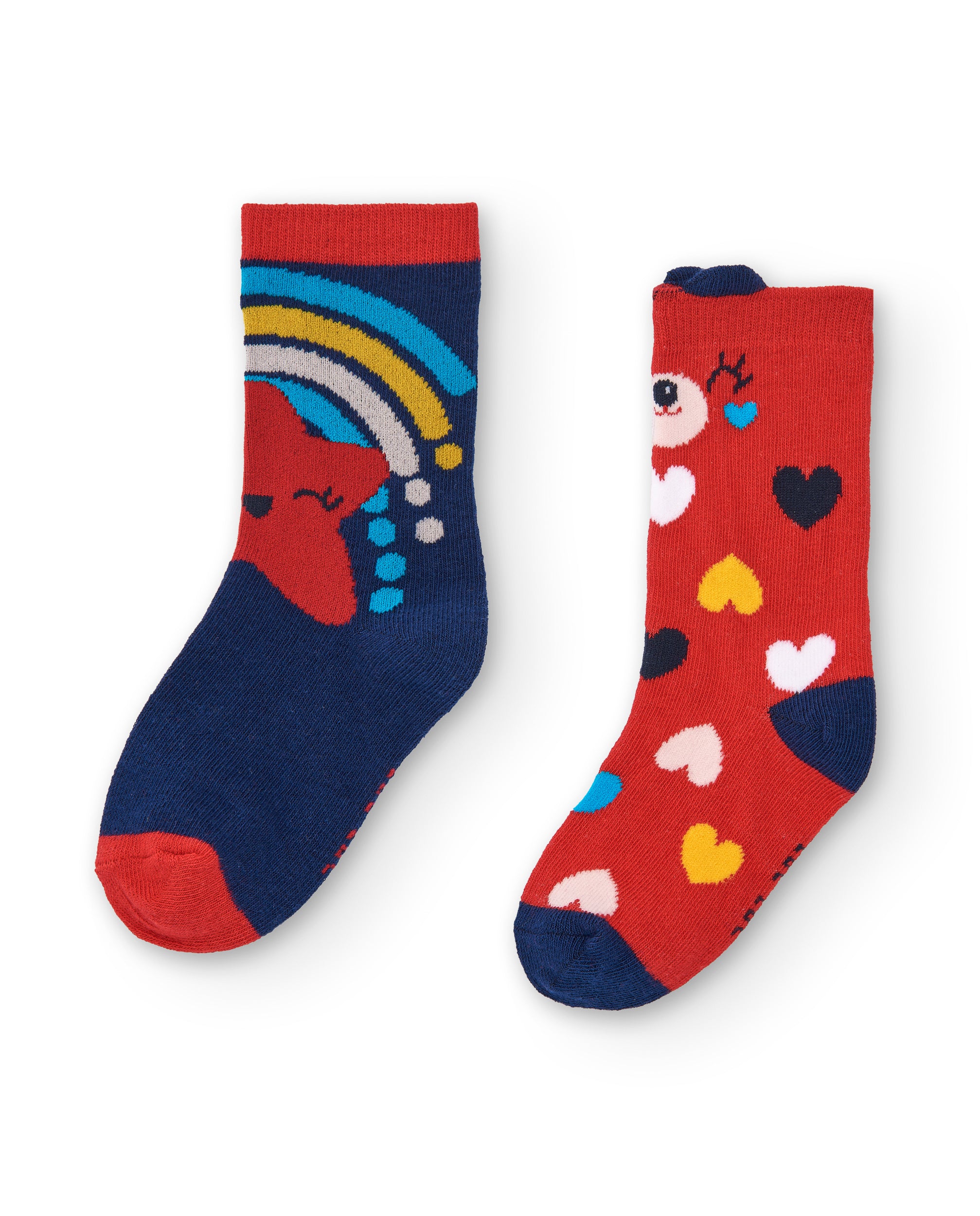 Calcetines niña en azul y rojo con diseño de corazones y