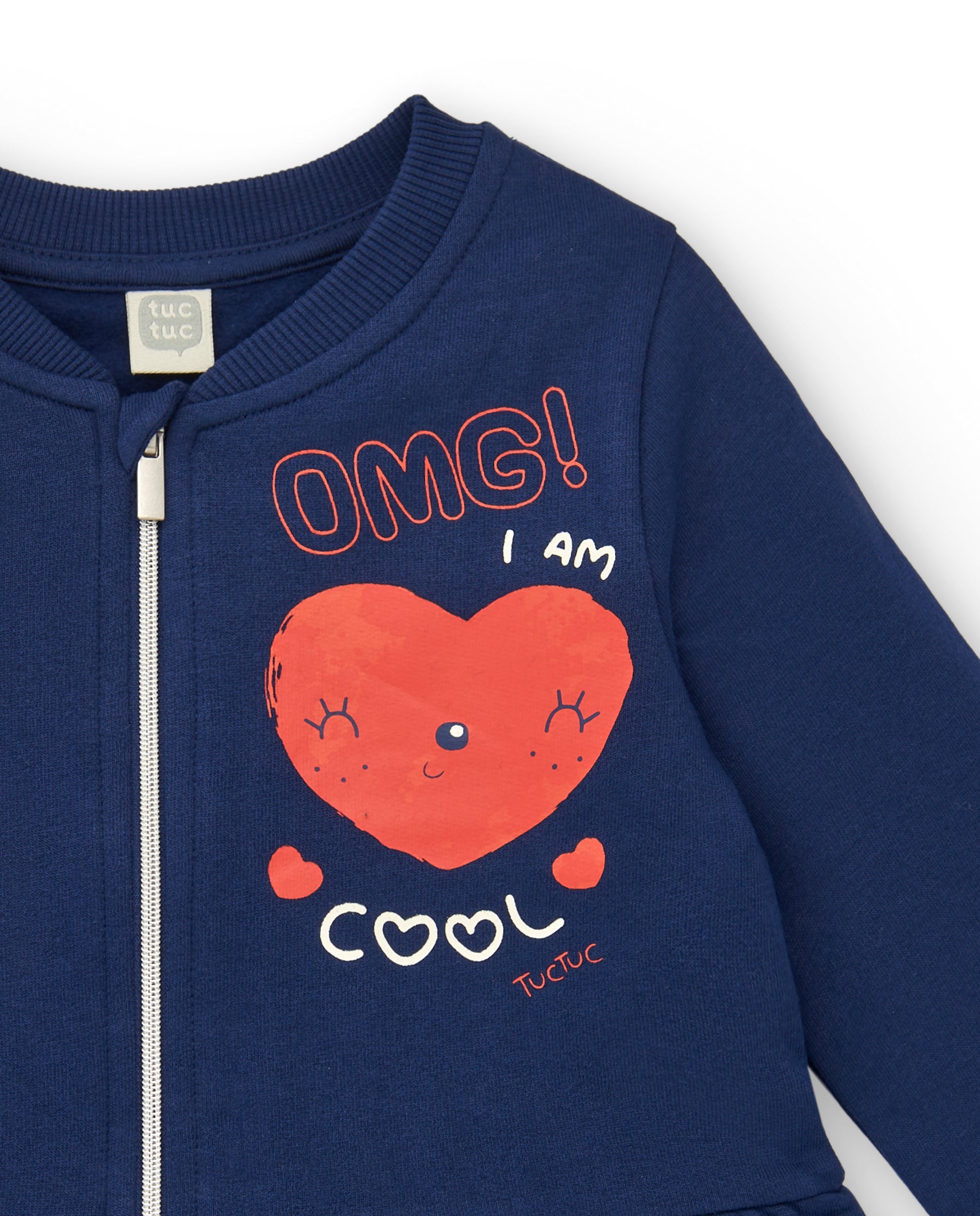 Chaqueta niña en azul marino con volante y estampado "OMG! I am