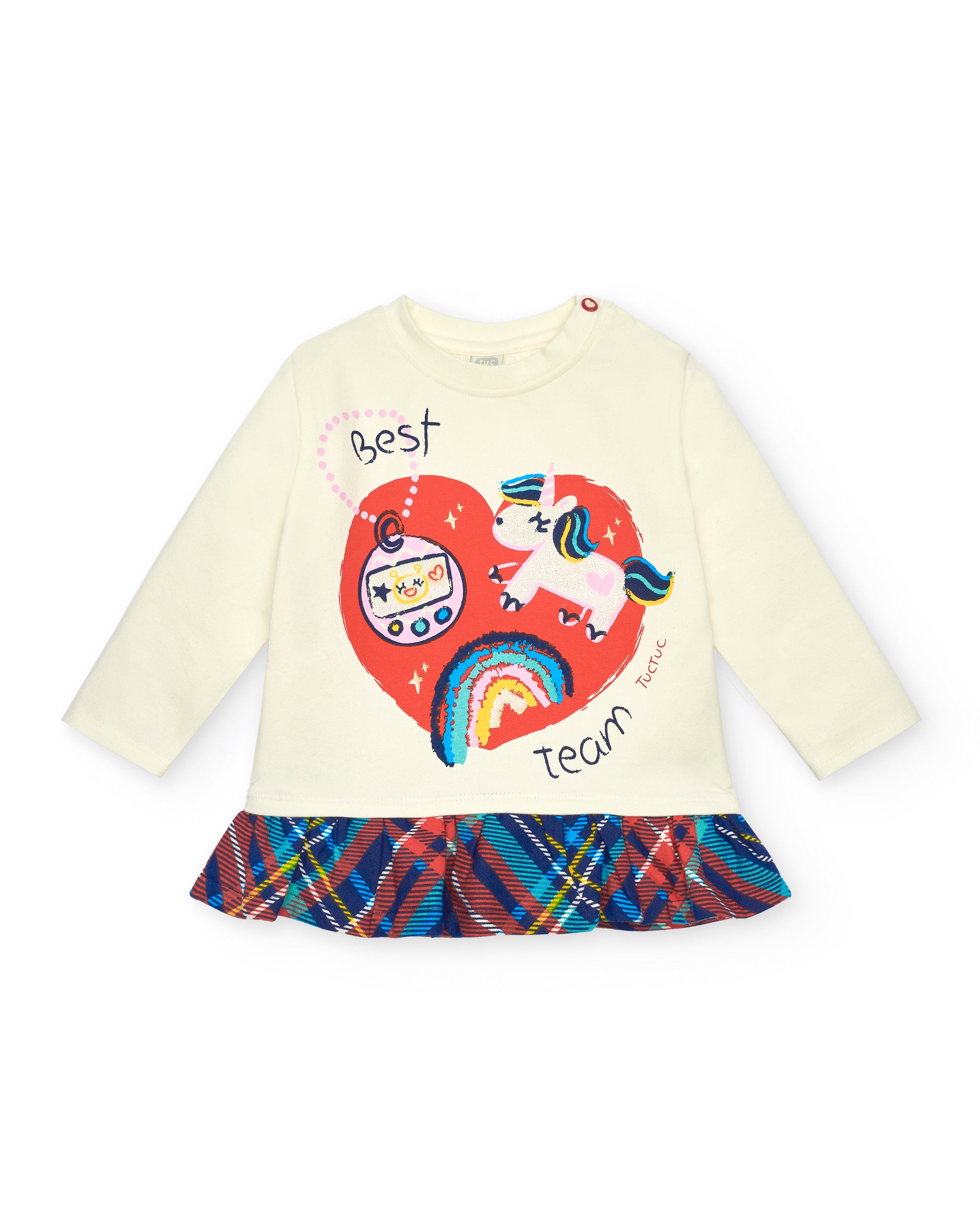 Camiseta niña beige con ilustración divertida y volantes