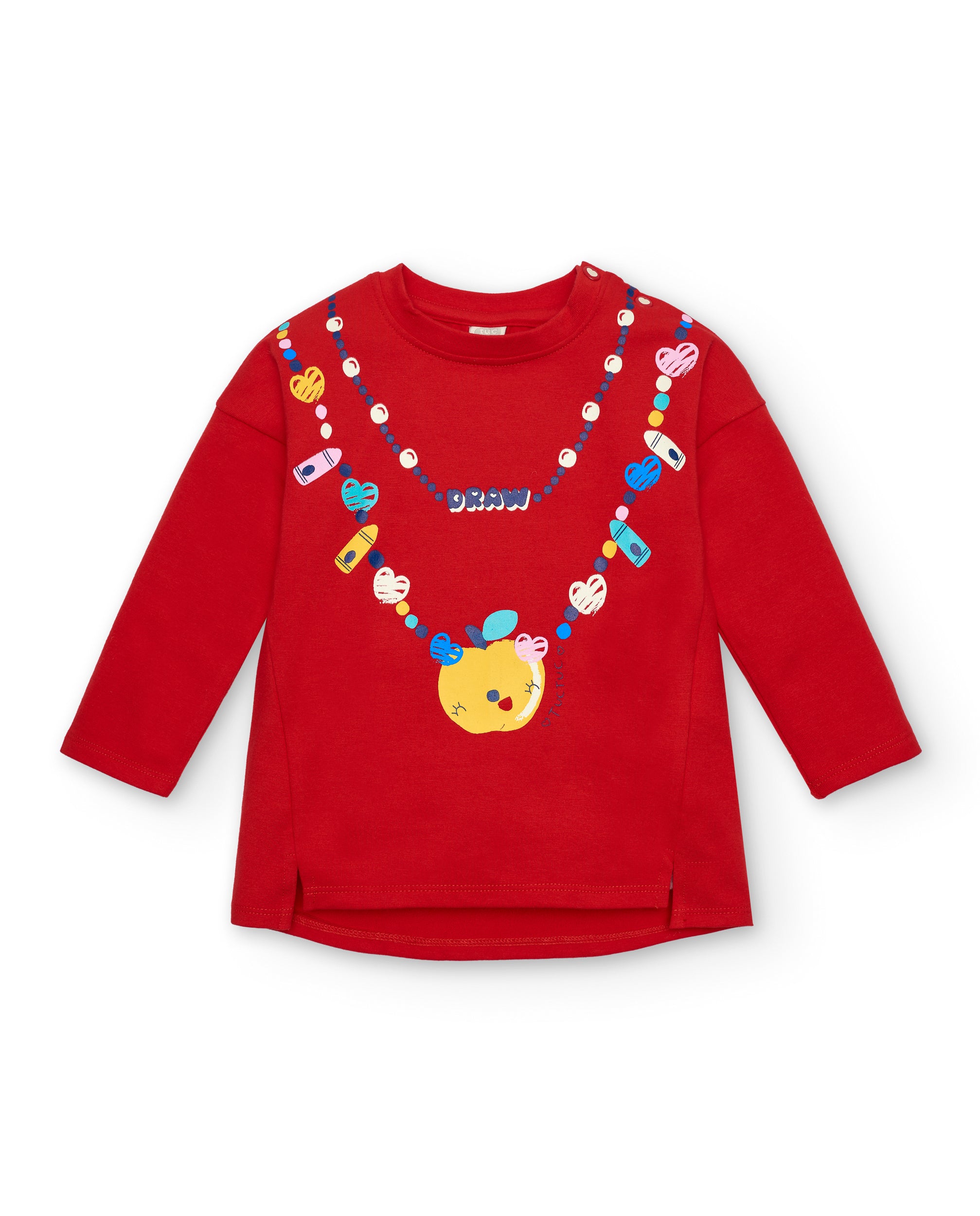 Camiseta niña en rojo con estampado creativo y detalle de