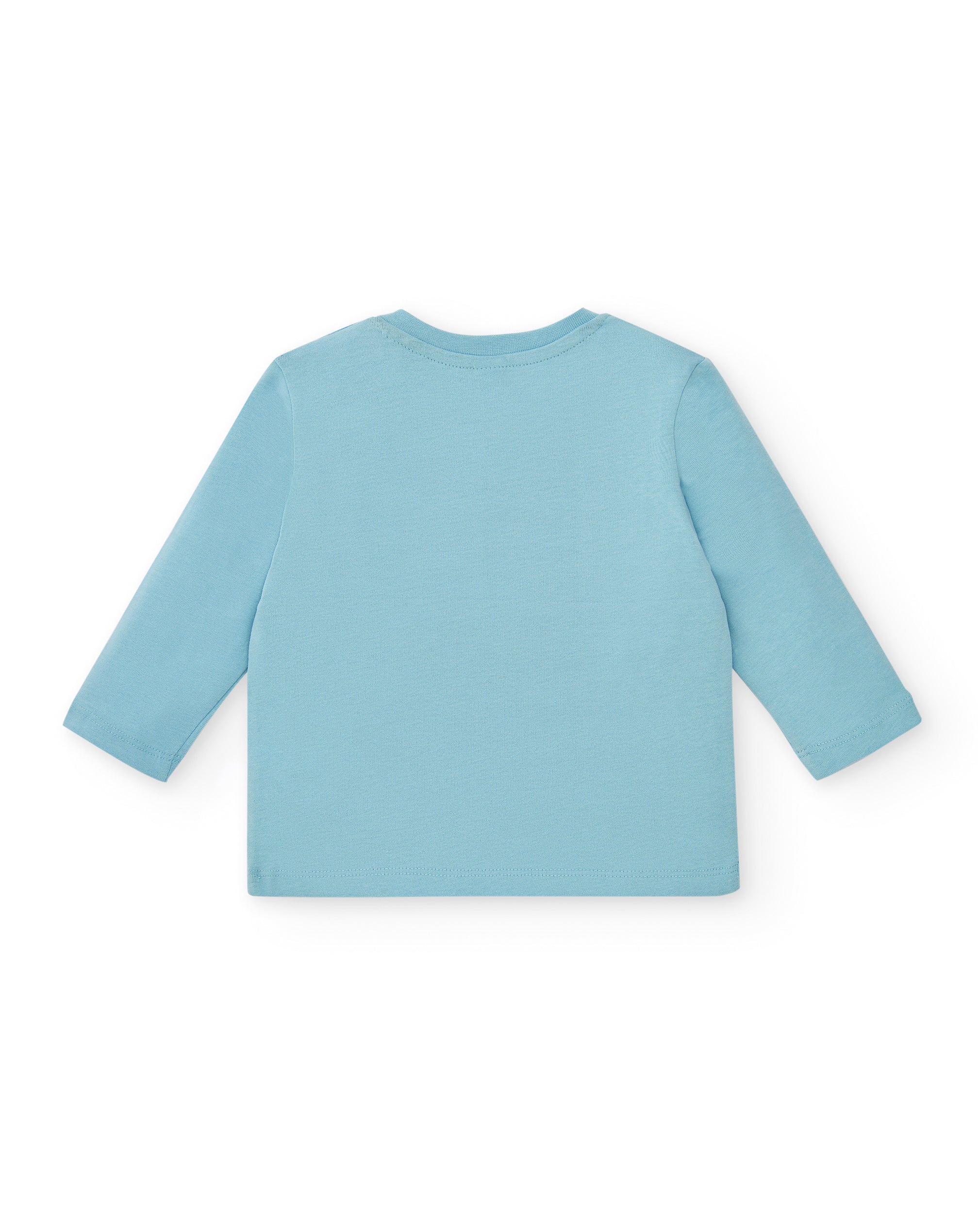 Camiseta punto niño en azul con estampado de criatura y manga