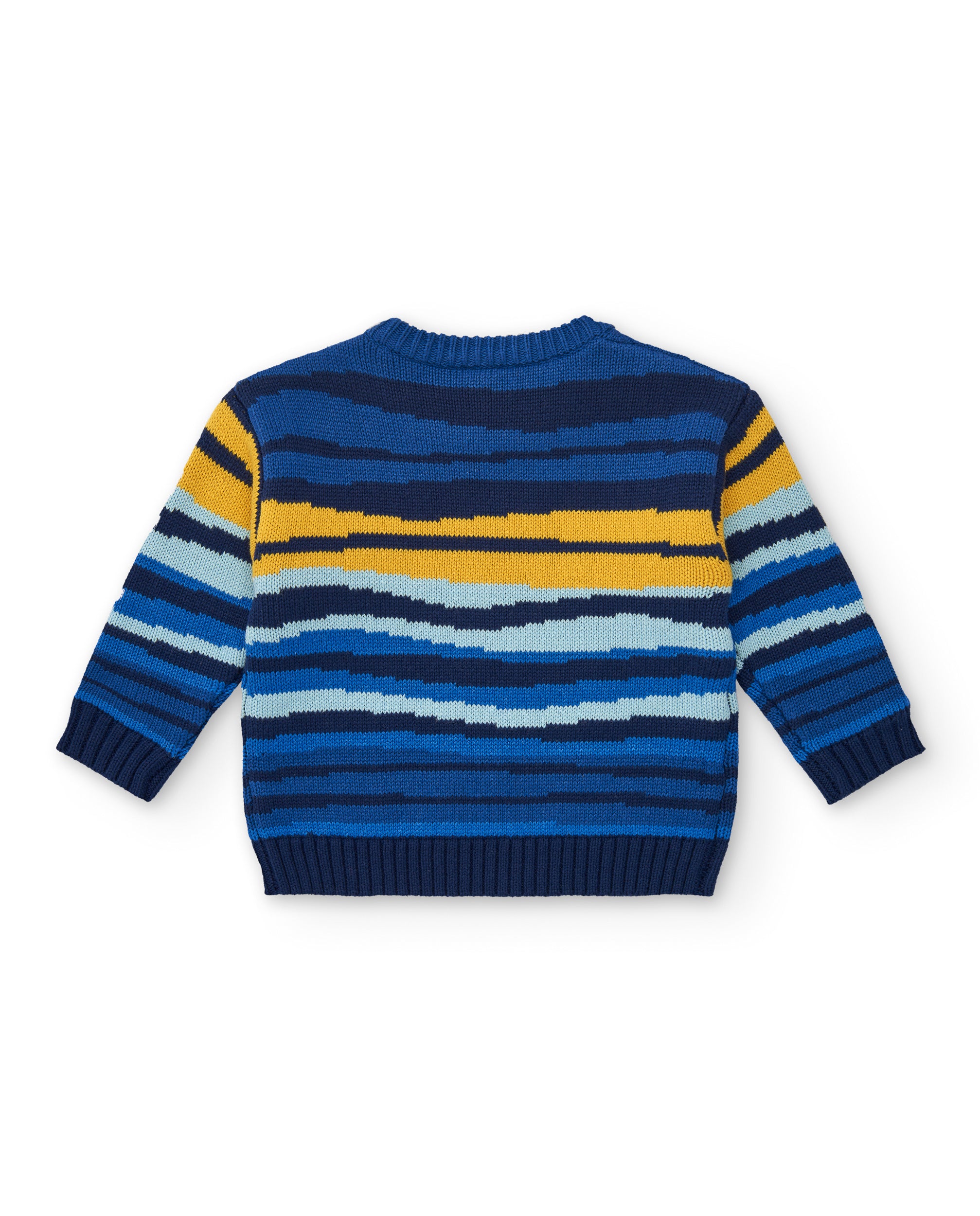Jersey tricot niño en azul con rayas multicolor colección