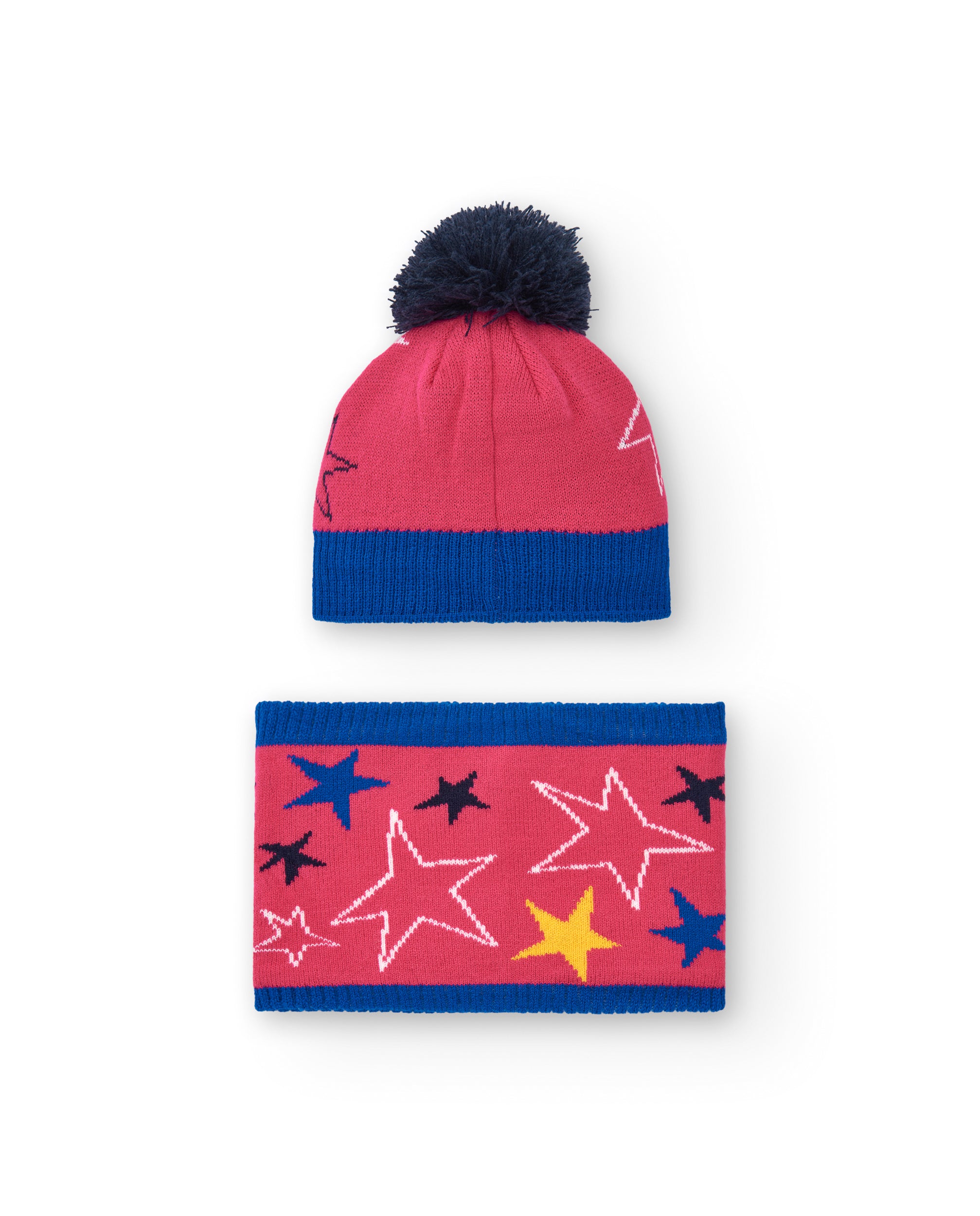 Conjunto gorro y bufanda niña en rosa con estrellas y pompón
