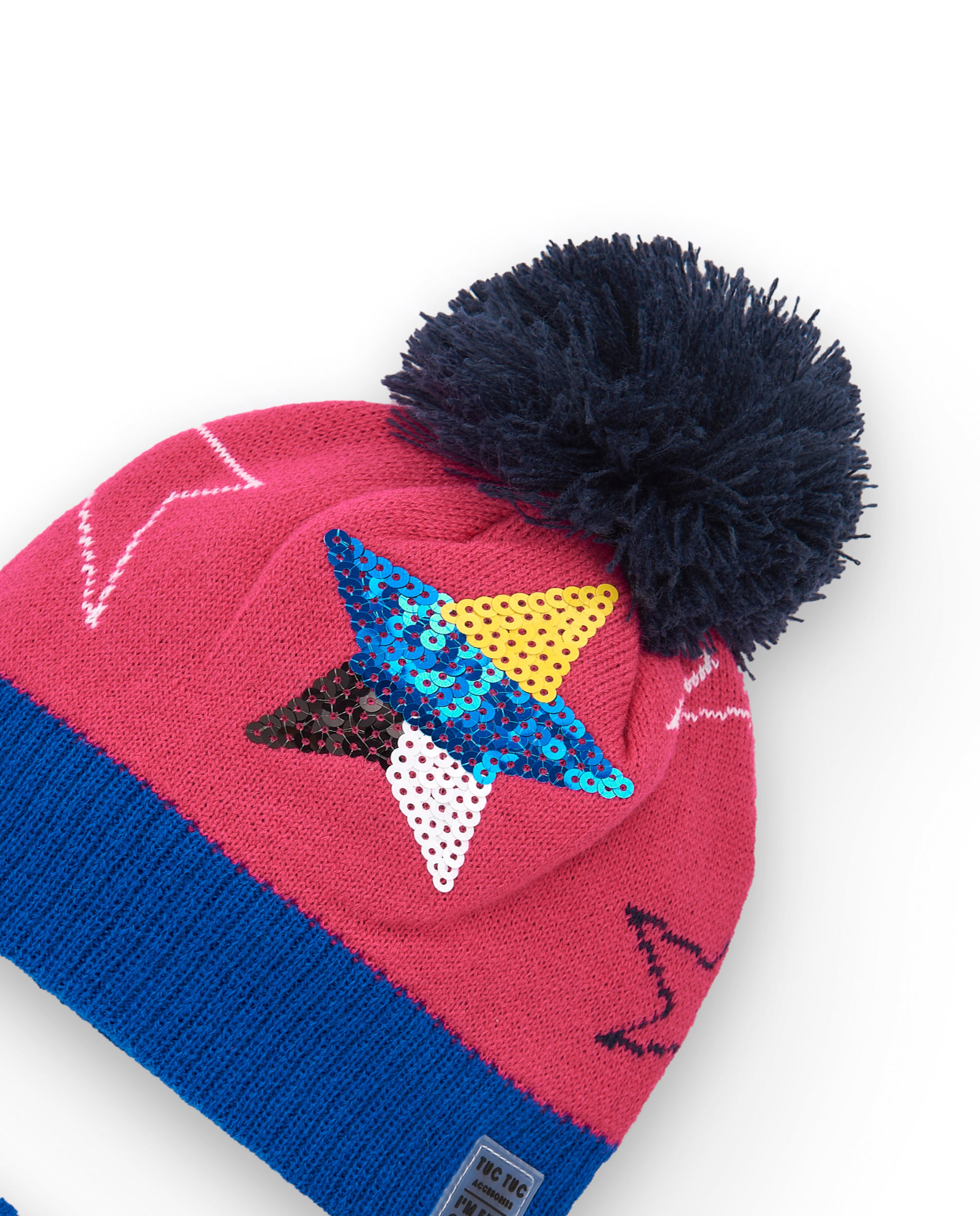 Conjunto gorro y bufanda niña en rosa con estrellas y pompón