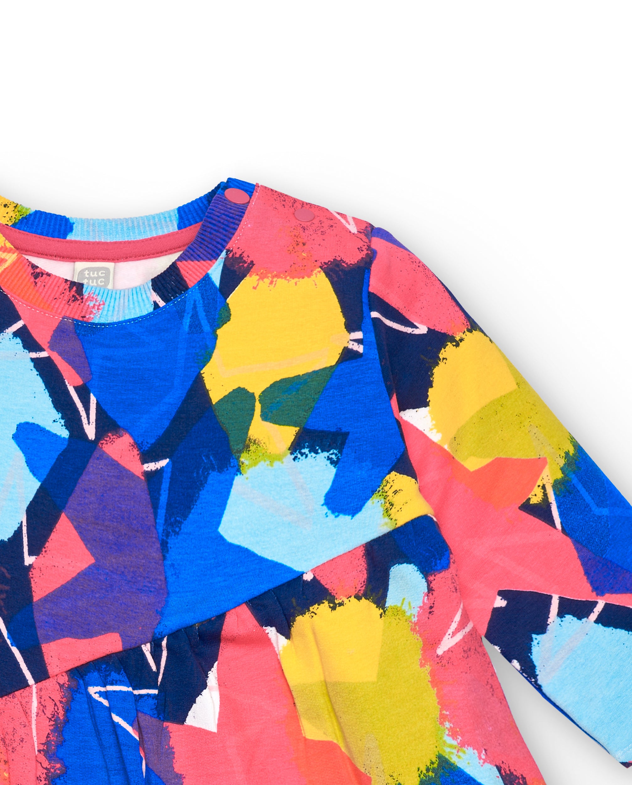 Vestido felpa niña en azul con estampado multicolor colección