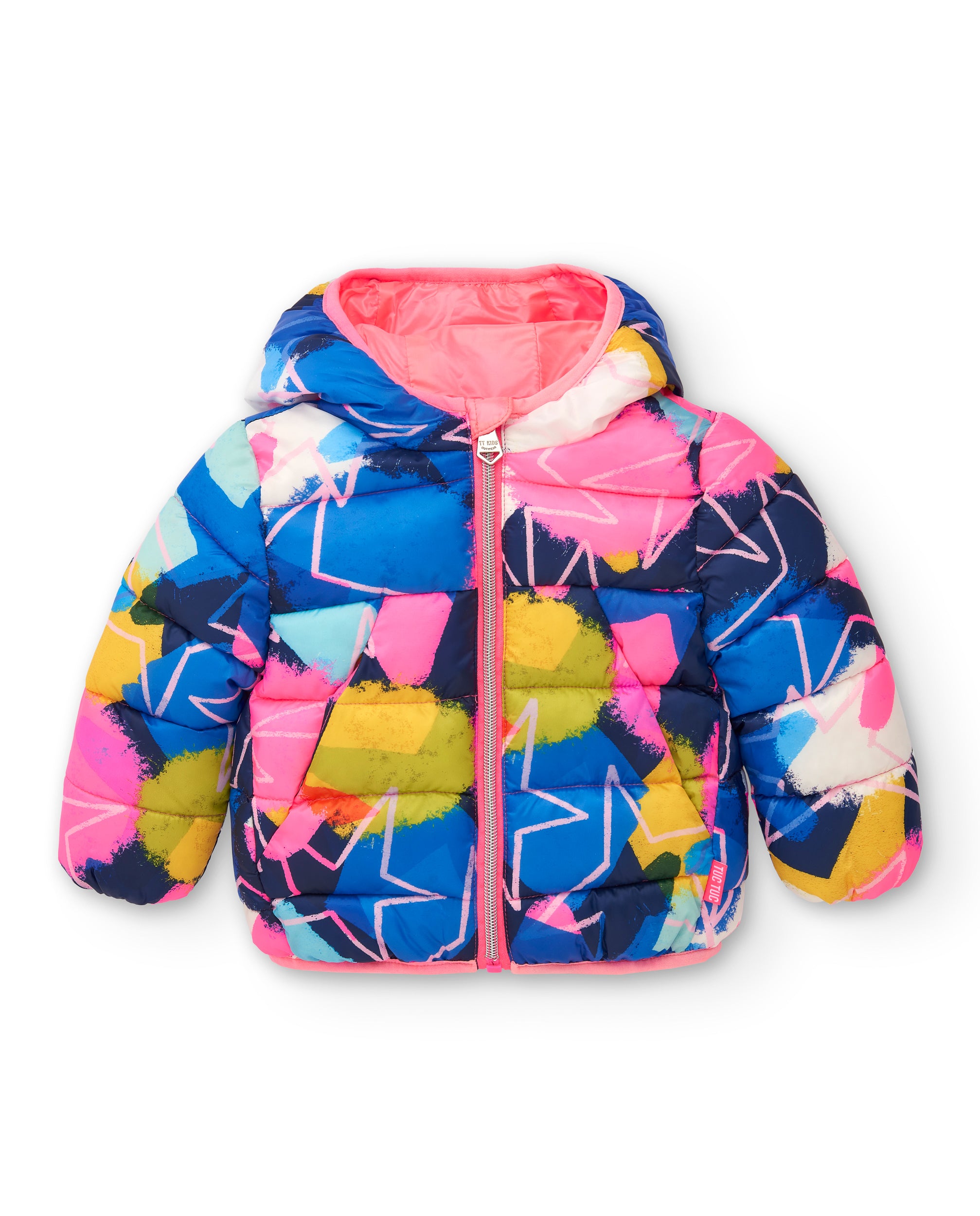 Parka técnica acolchada niña en azul con estampado multicolor