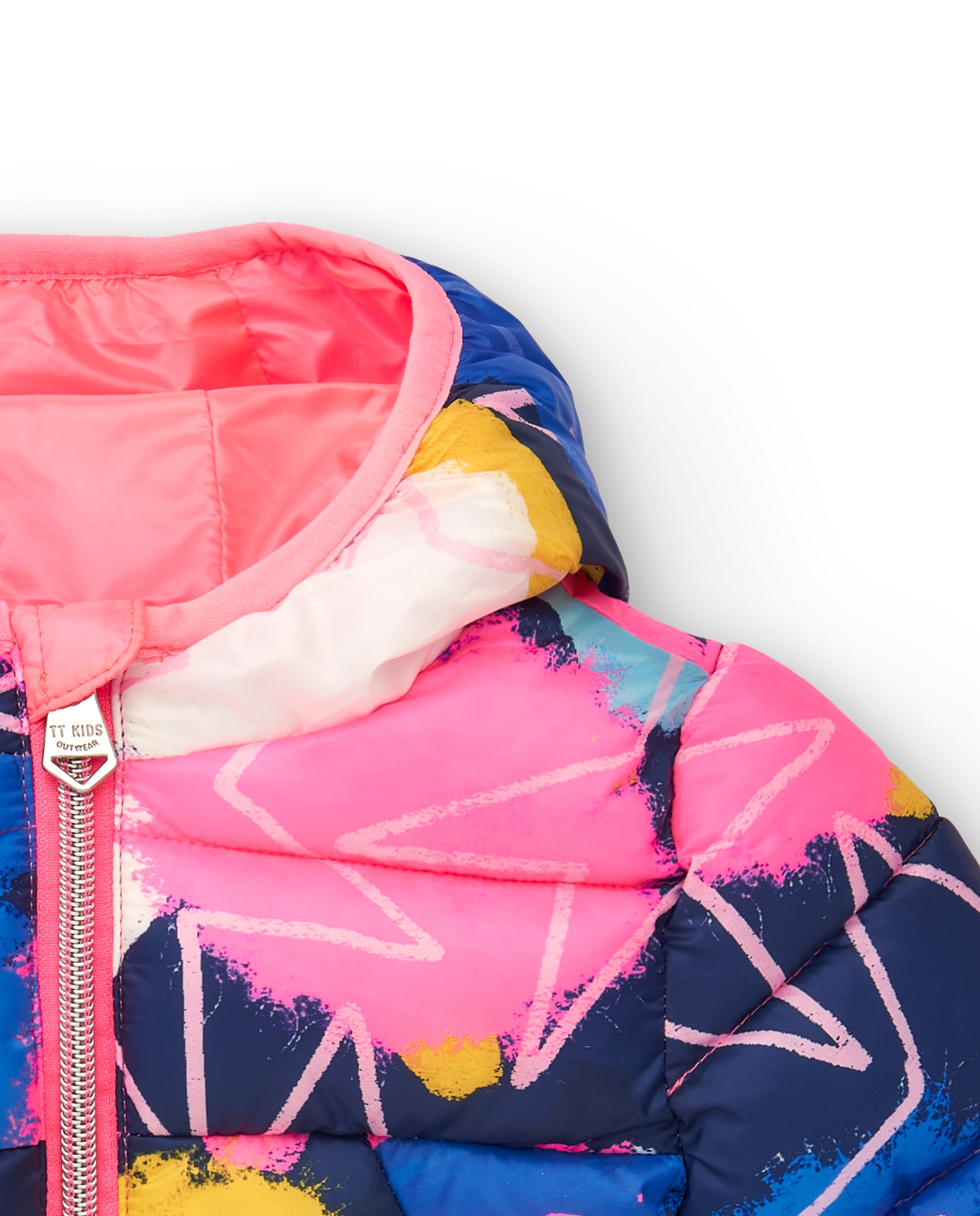 Parka técnica acolchada niña en azul con estampado multicolor