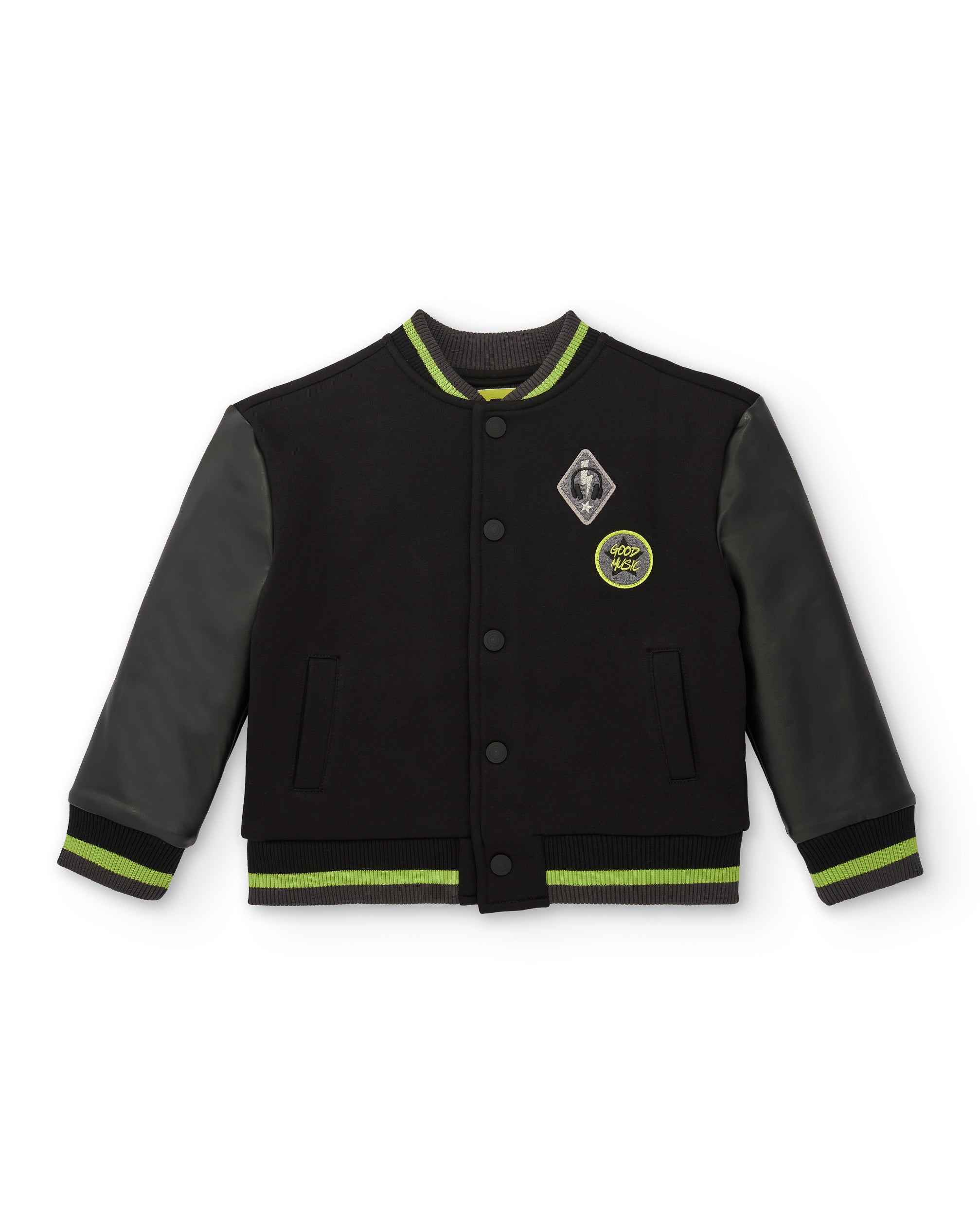 Chaqueta estilo varsity negra con detalles verdes para niño de