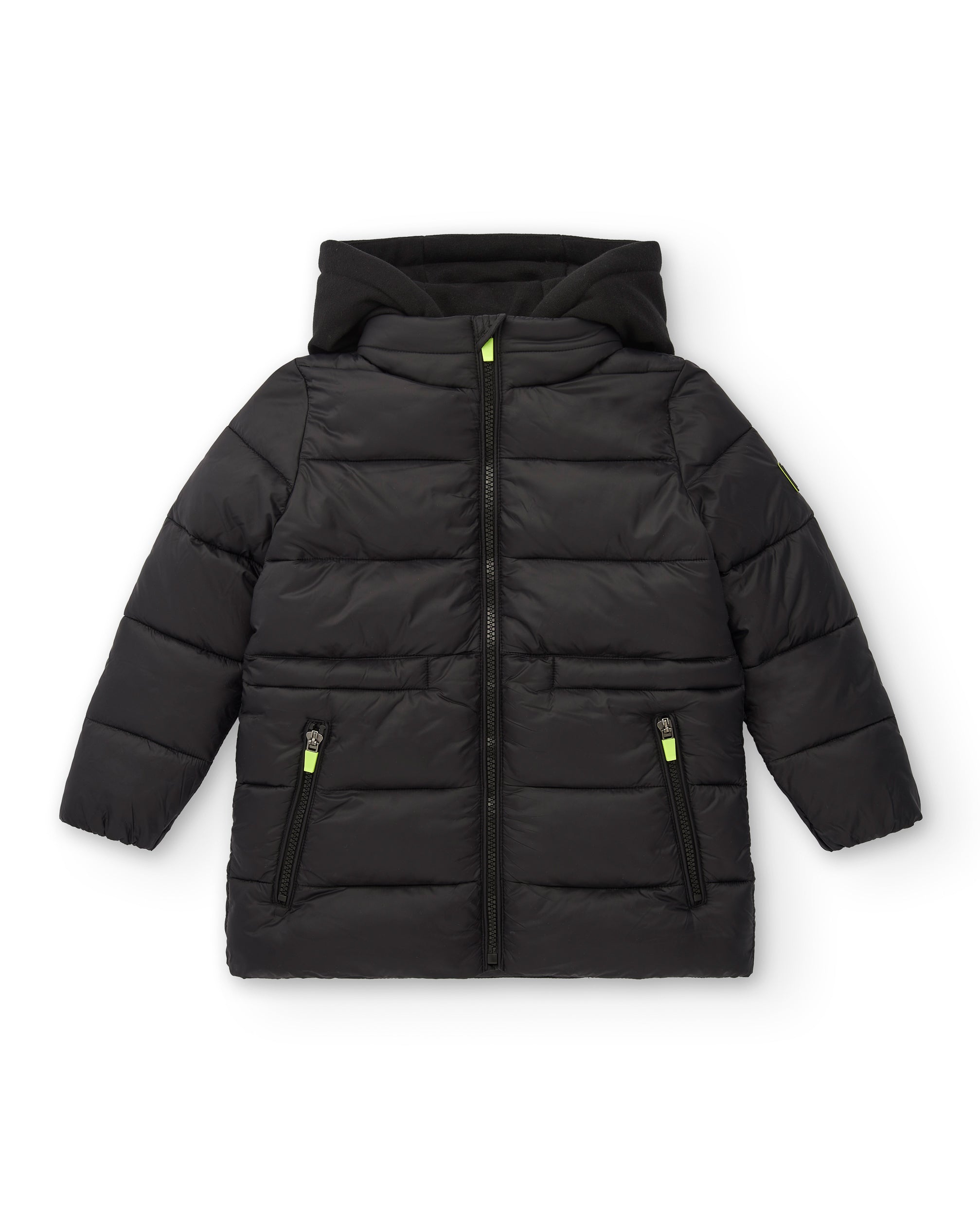 Abrigo acolchado negro con capucha para niño de la colección