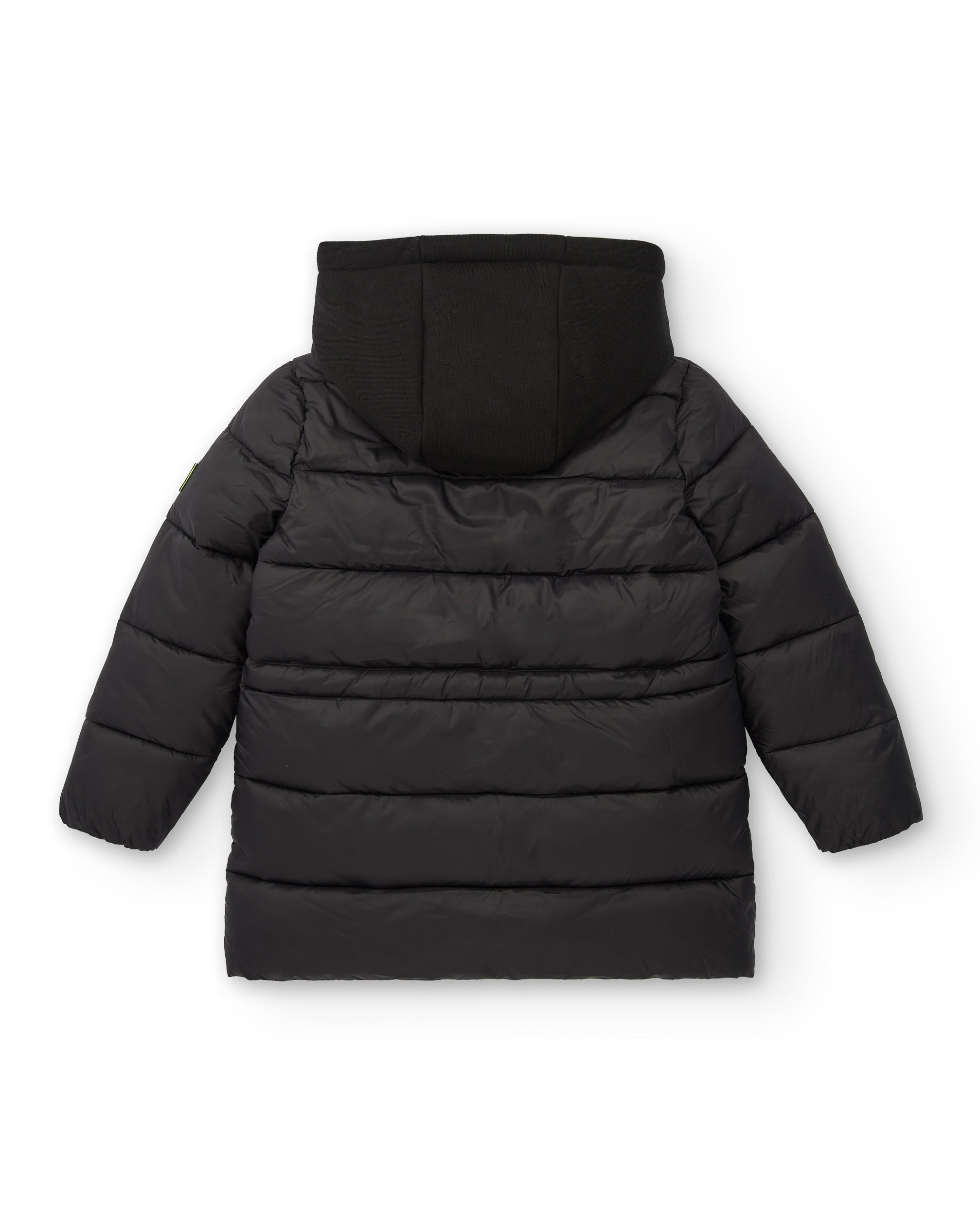 Abrigo acolchado negro con capucha para niño de la colección