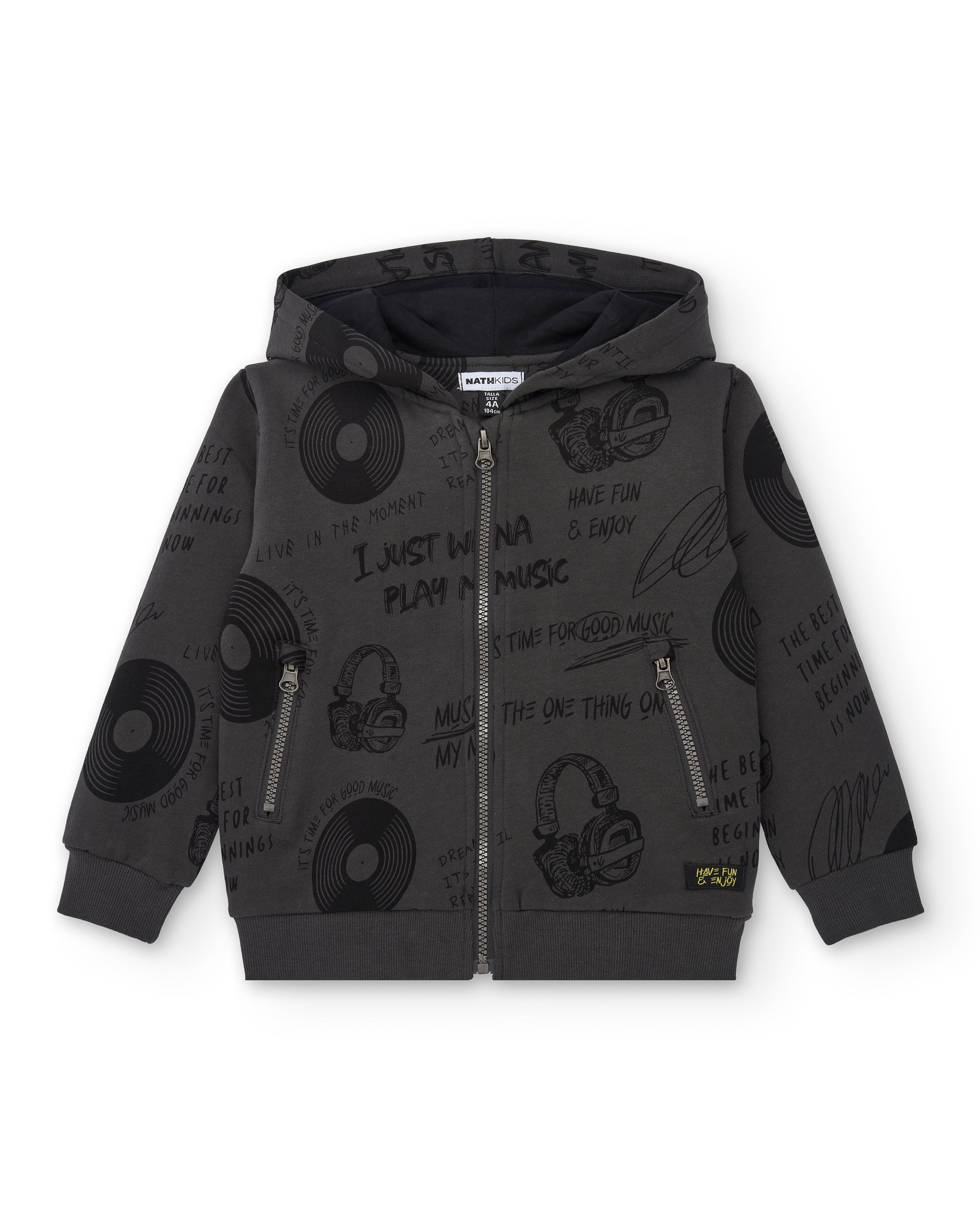 Sudadera con capucha gris oscuro y estampado musical para niño