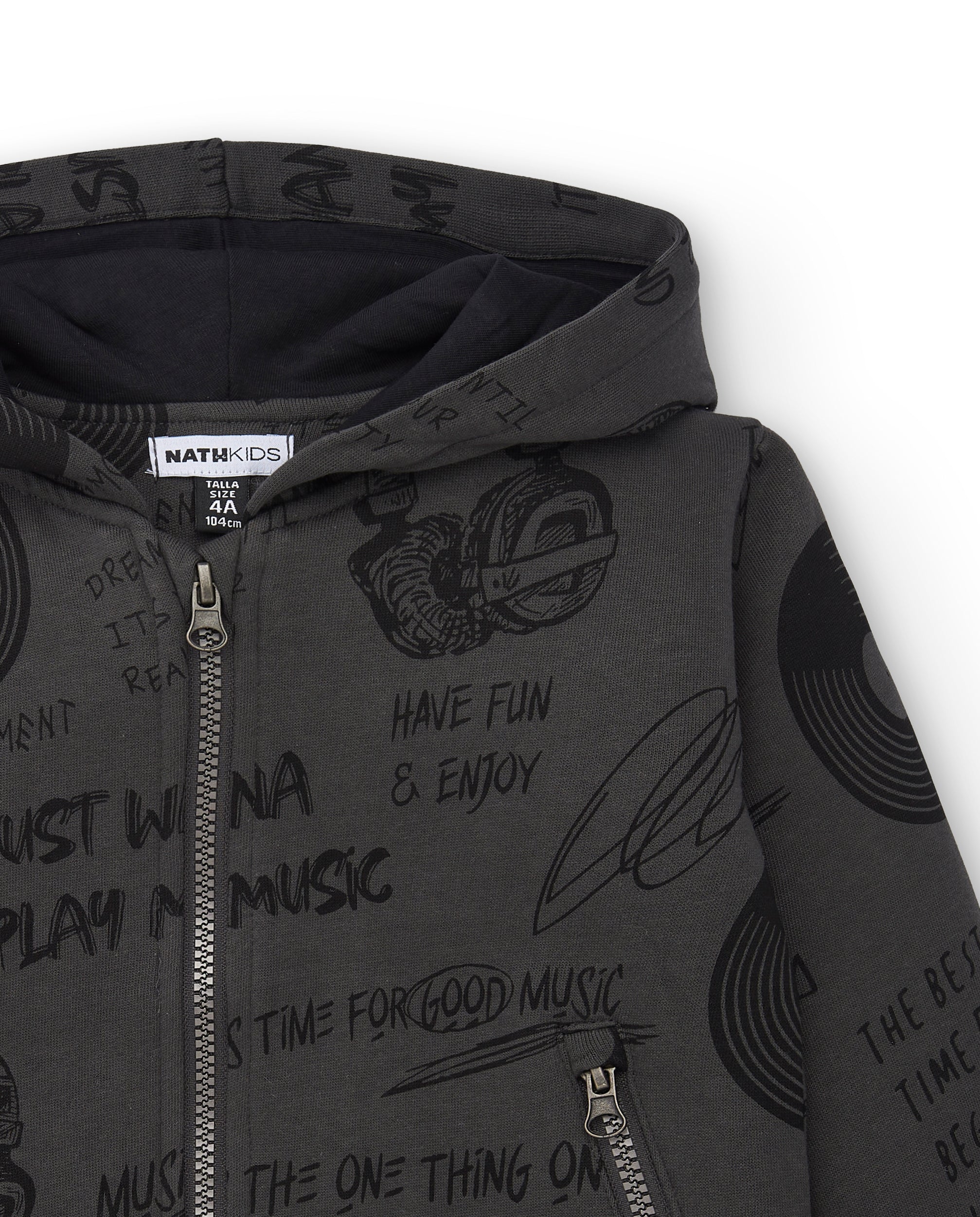 Sudadera con capucha gris oscuro y estampado musical para niño