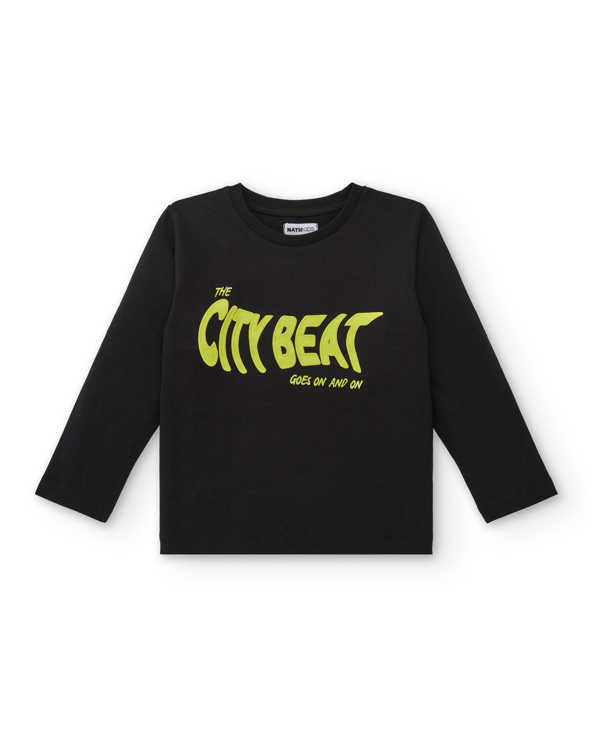 Camiseta negra con mensaje "The City Beat" para niño de la