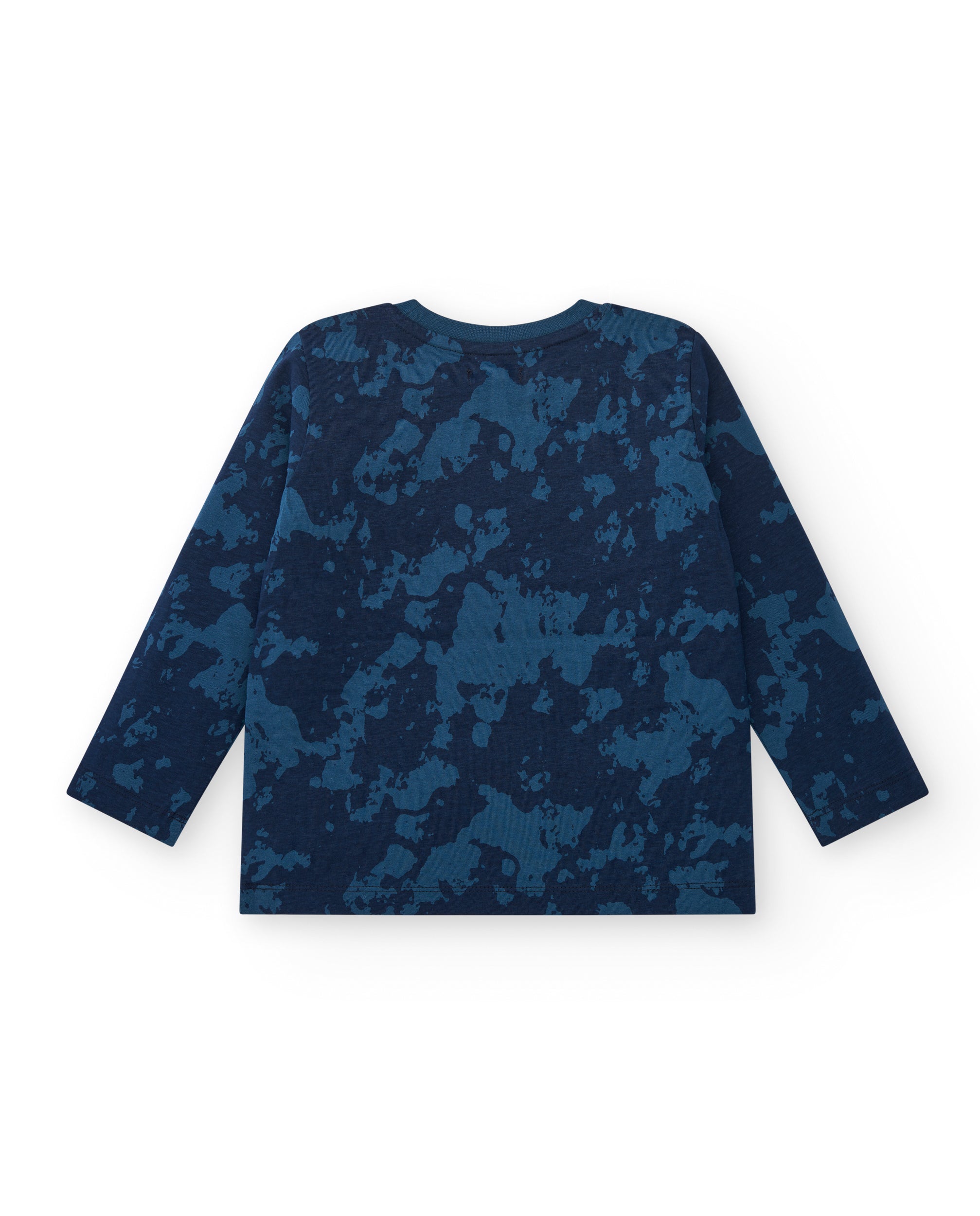 Camiseta azul con estampado camuflaje y mensaje para niño