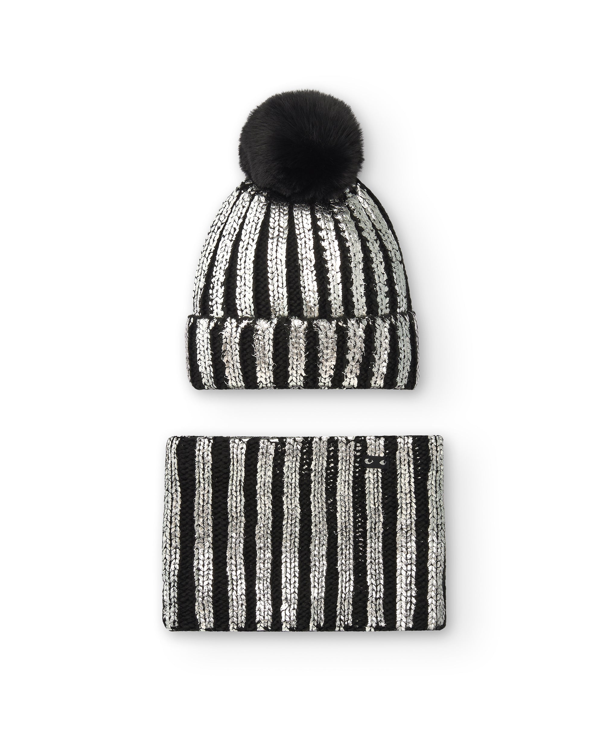 Set de gorro con pompón y bandana con rayas brillantes en negro