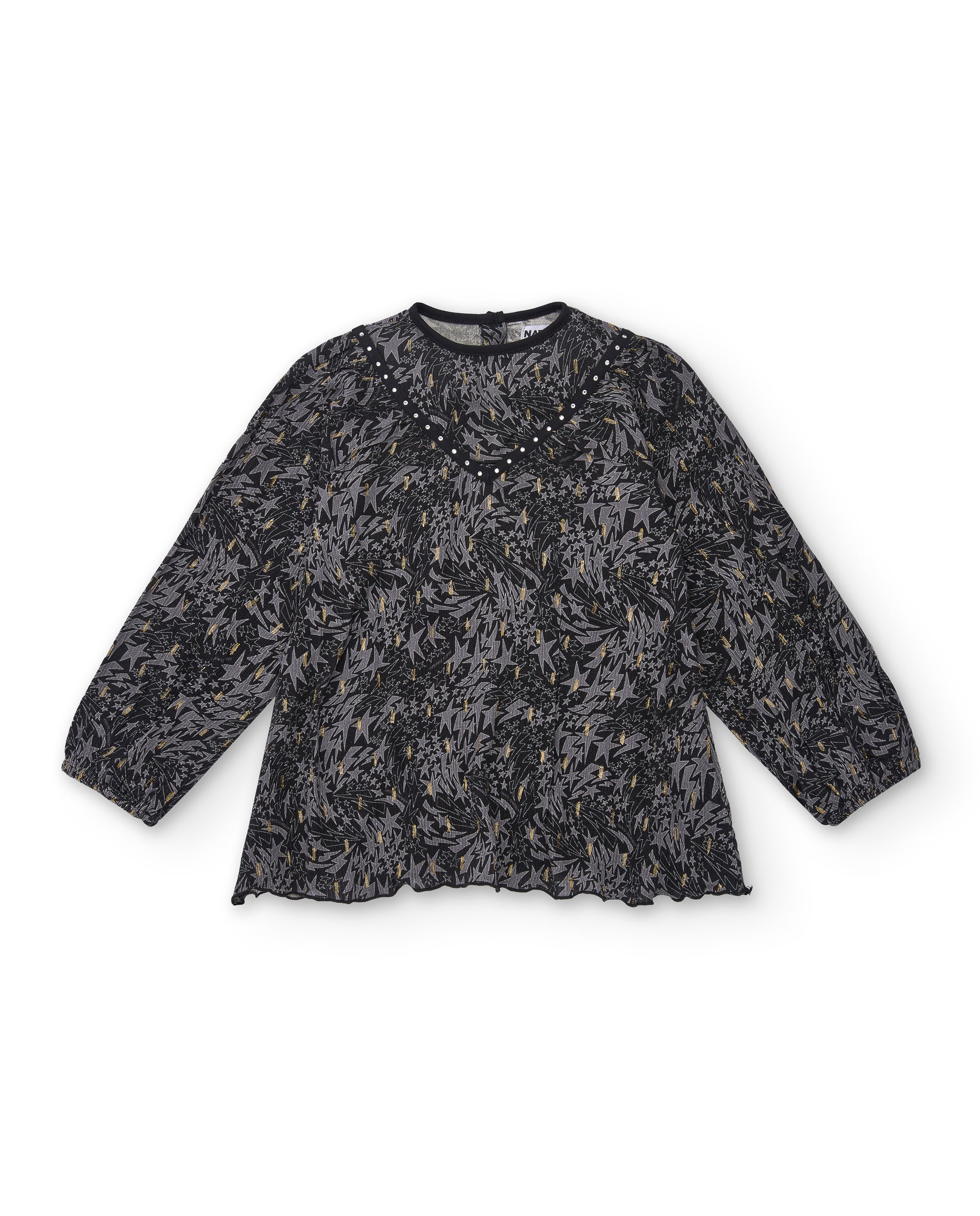 Blusa estampada en negro con detalles de apliques brillantes