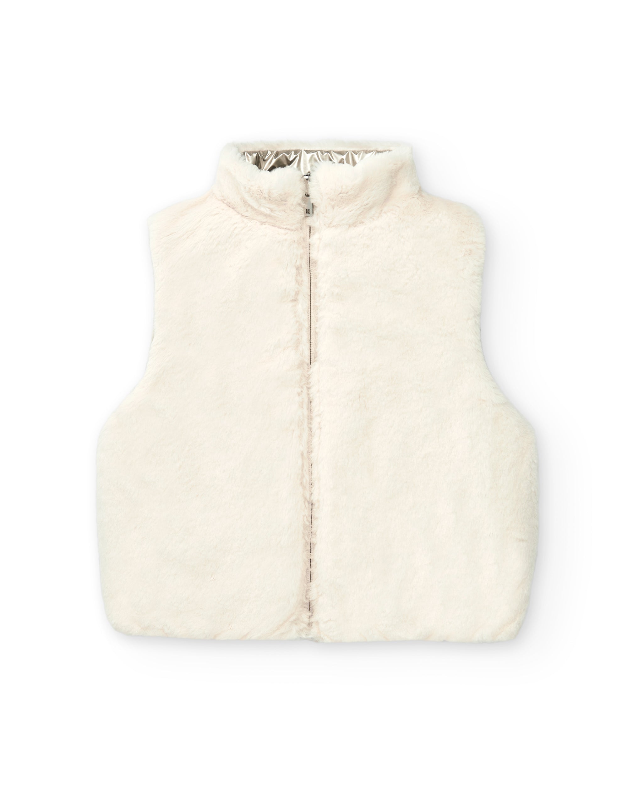 Chaleco reversible en color crema y plateado para niña