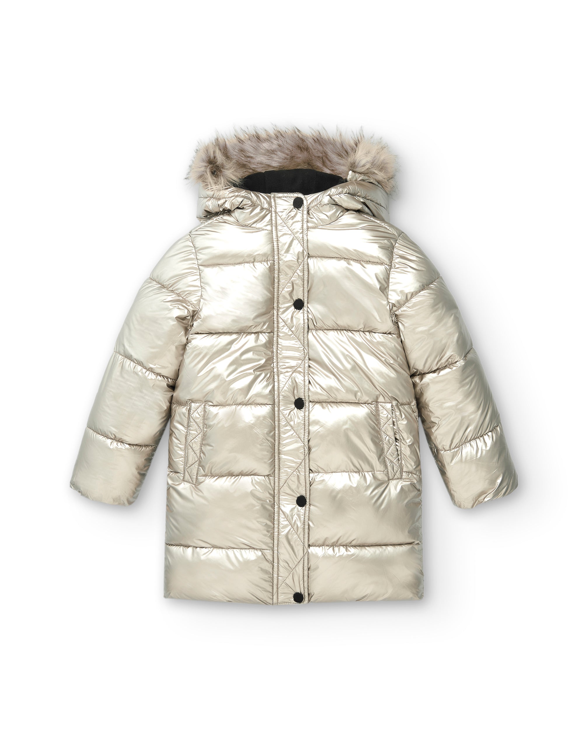 Abrigo largo acolchado plateado con capucha para niña colección