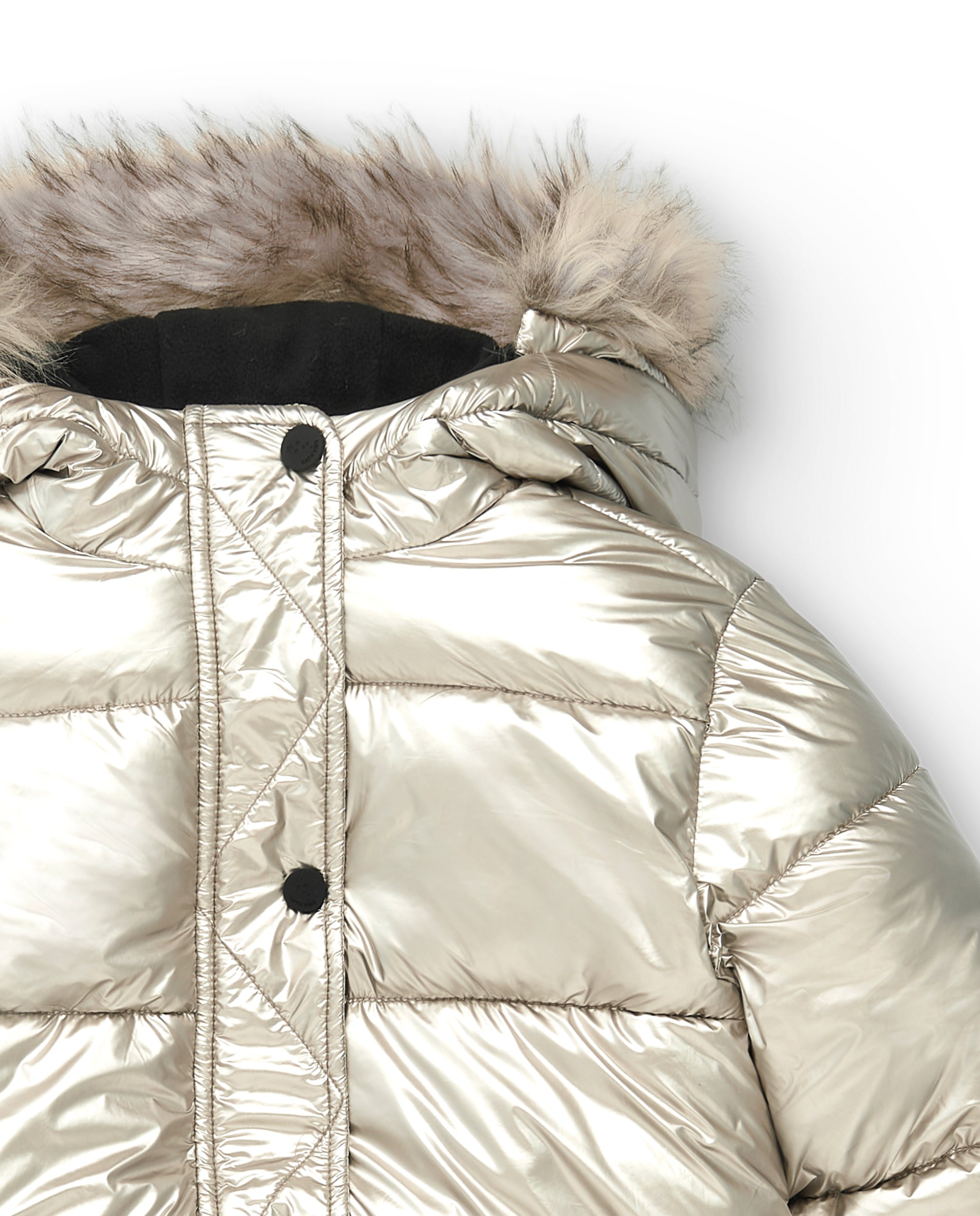 Abrigo largo acolchado plateado con capucha para niña colección