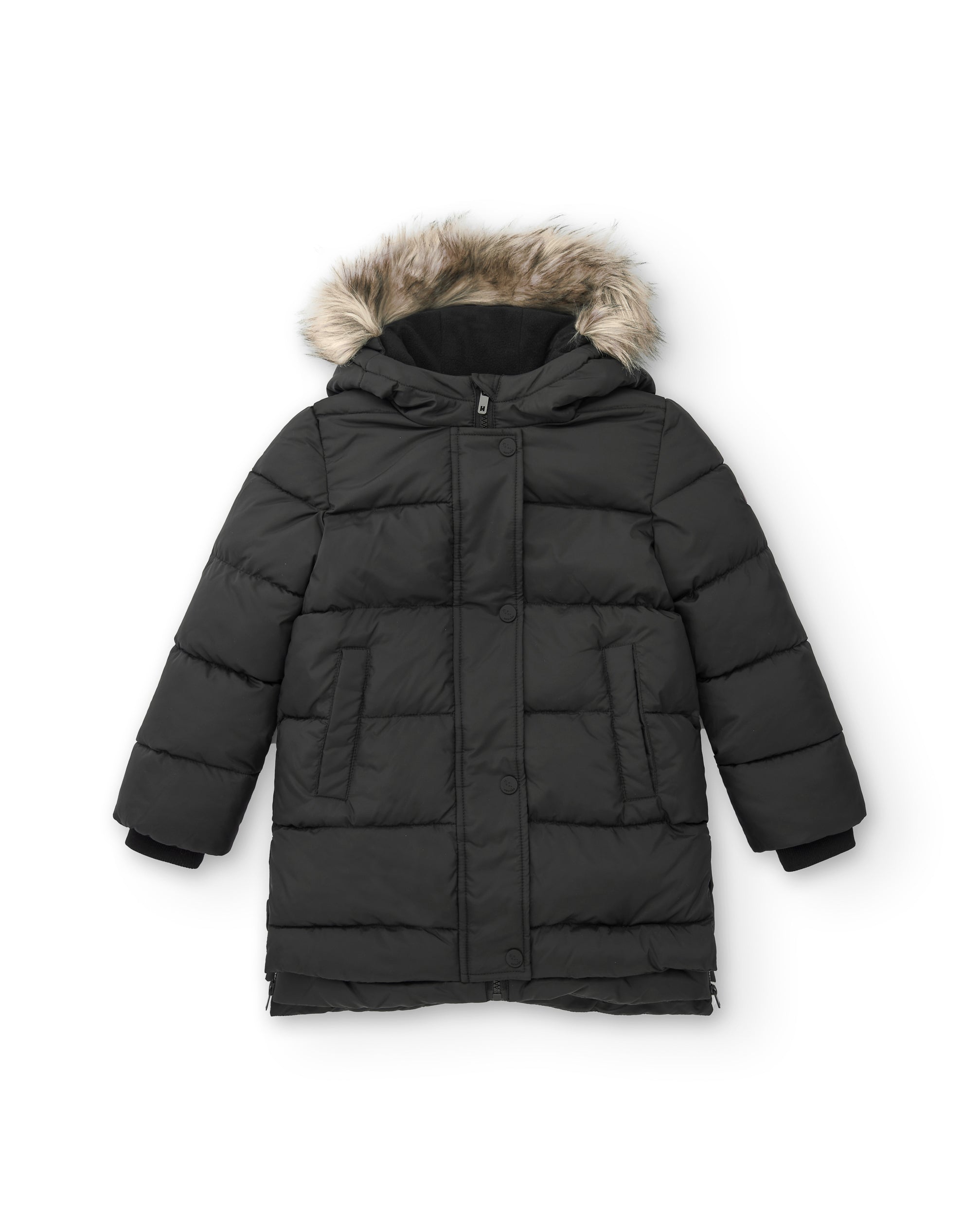 Abrigo acolchado negro con capucha de pelo para niña colección