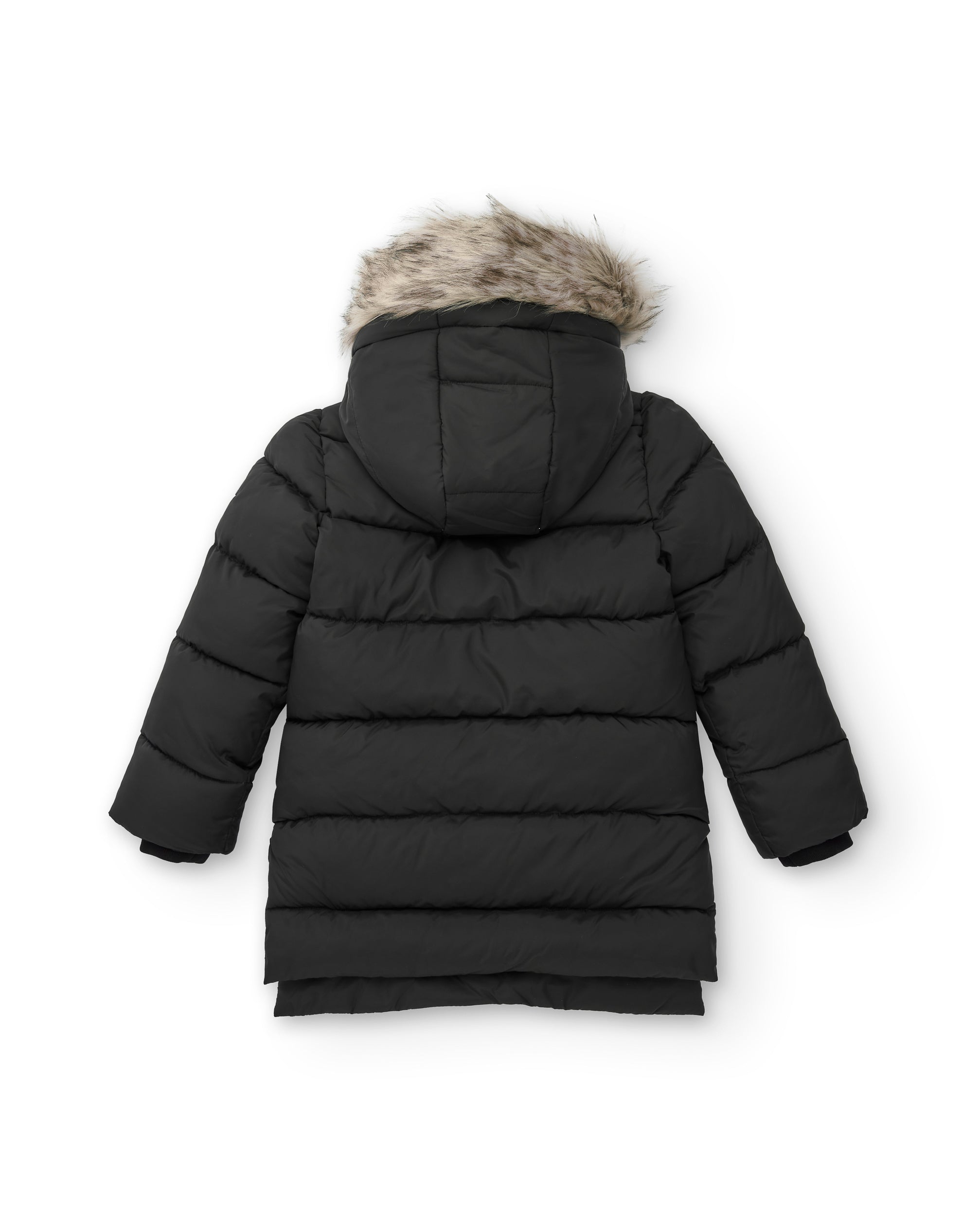 Abrigo acolchado negro con capucha de pelo para niña colección