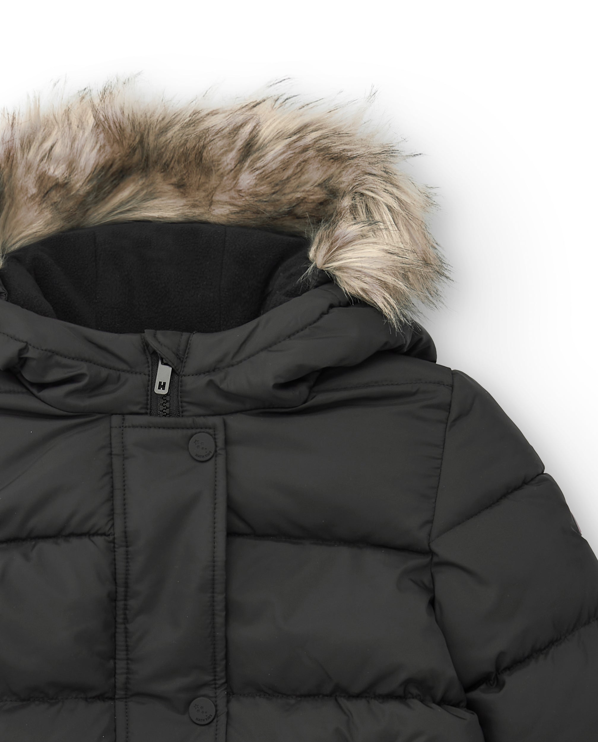 Abrigo acolchado negro con capucha de pelo para niña colección