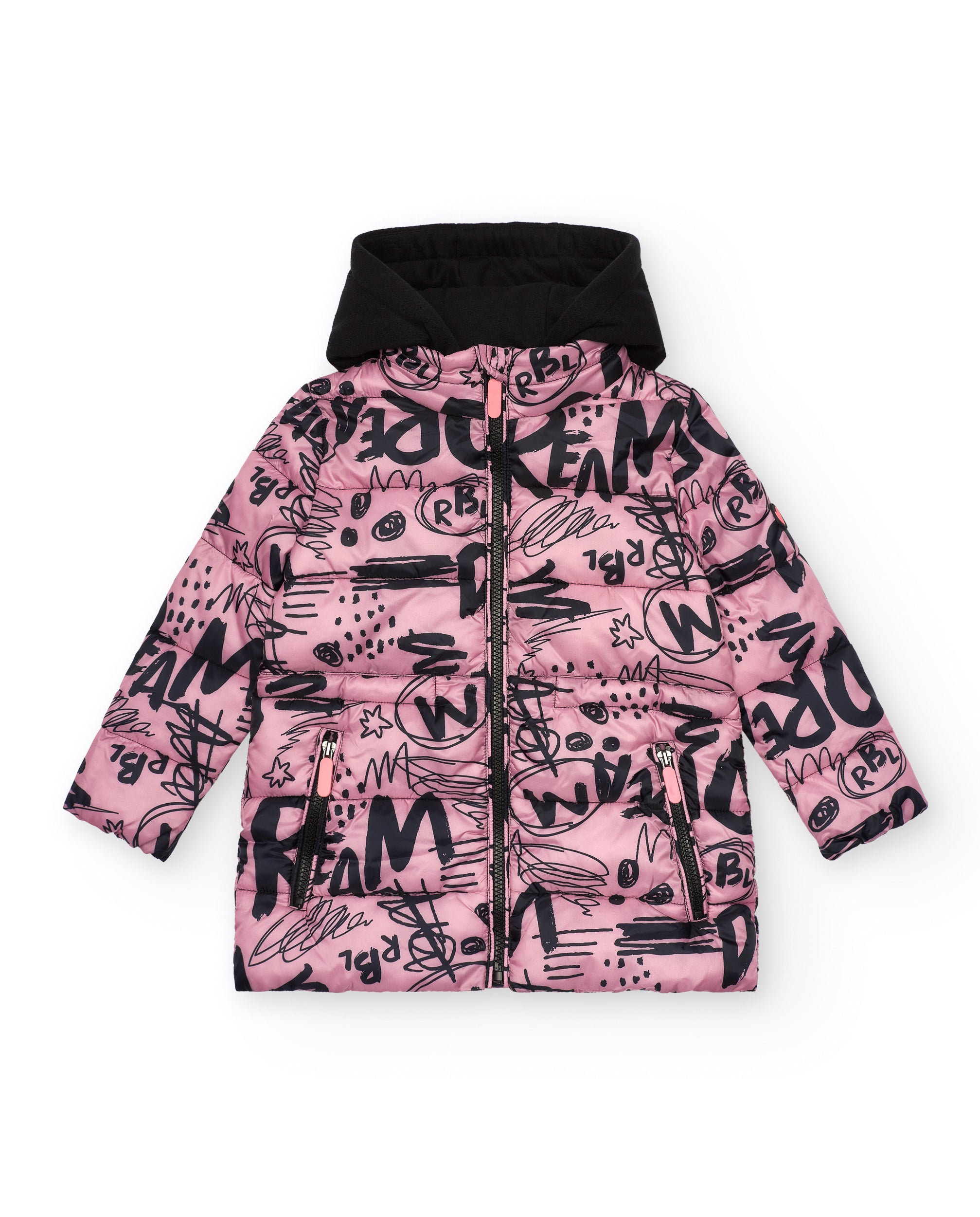 Abrigo acolchado con estampado de grafitis en rosa y negro