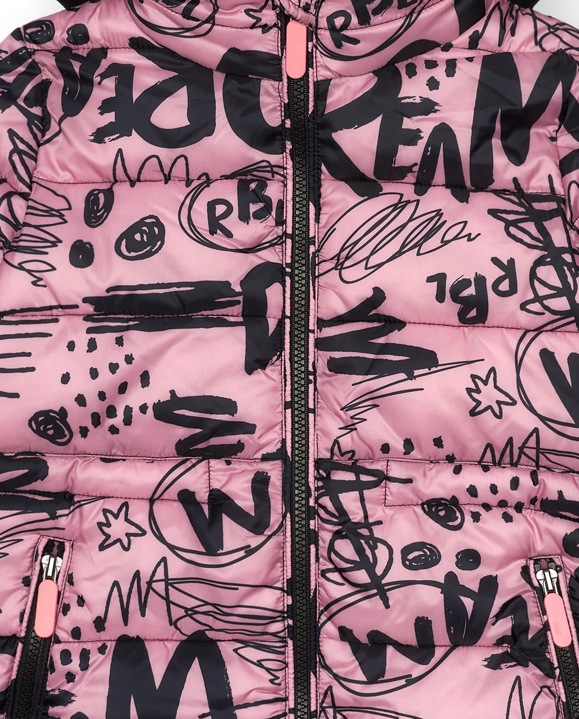 Abrigo acolchado con estampado de grafitis en rosa y negro