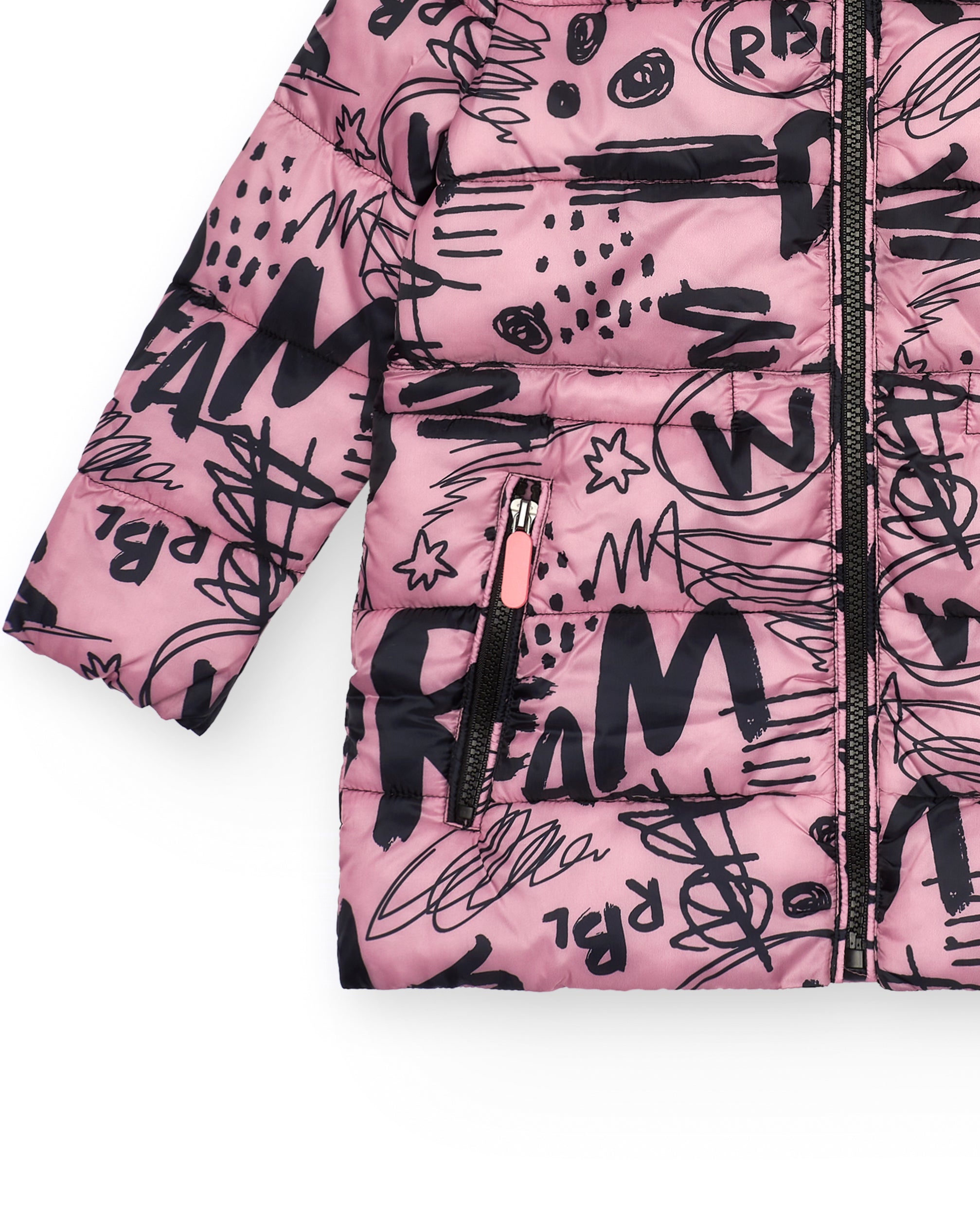 Abrigo acolchado con estampado de grafitis en rosa y negro