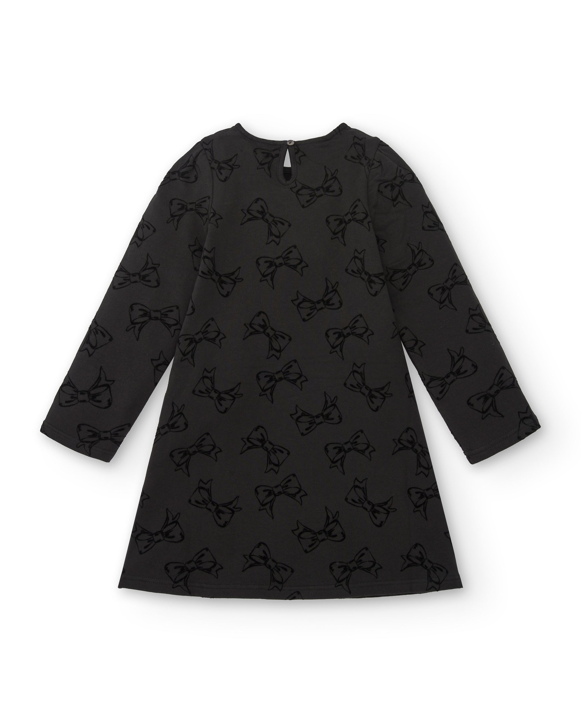 Vestido negro con estampado de lazos y detalles de perlas para