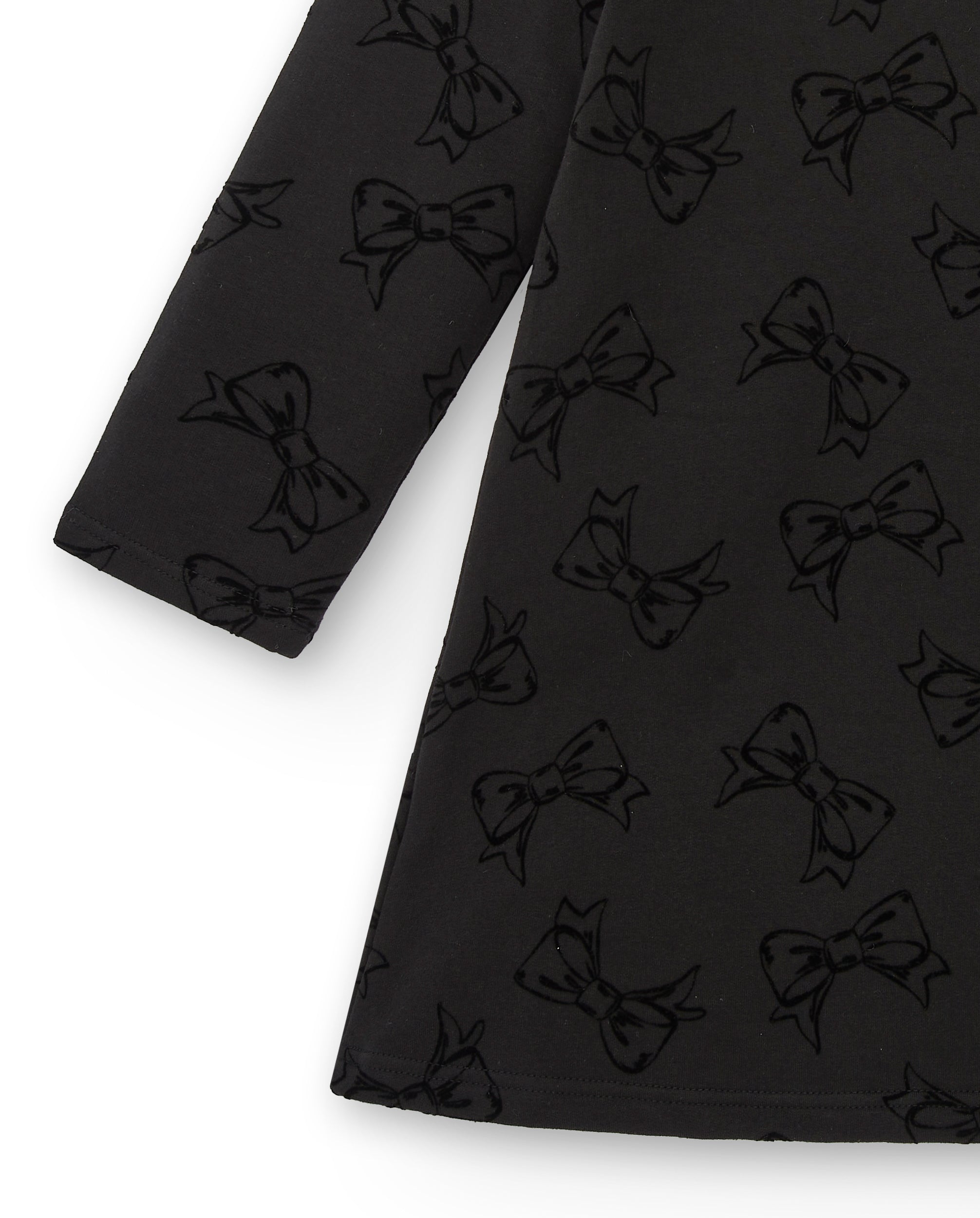 Vestido negro con estampado de lazos y detalles de perlas para