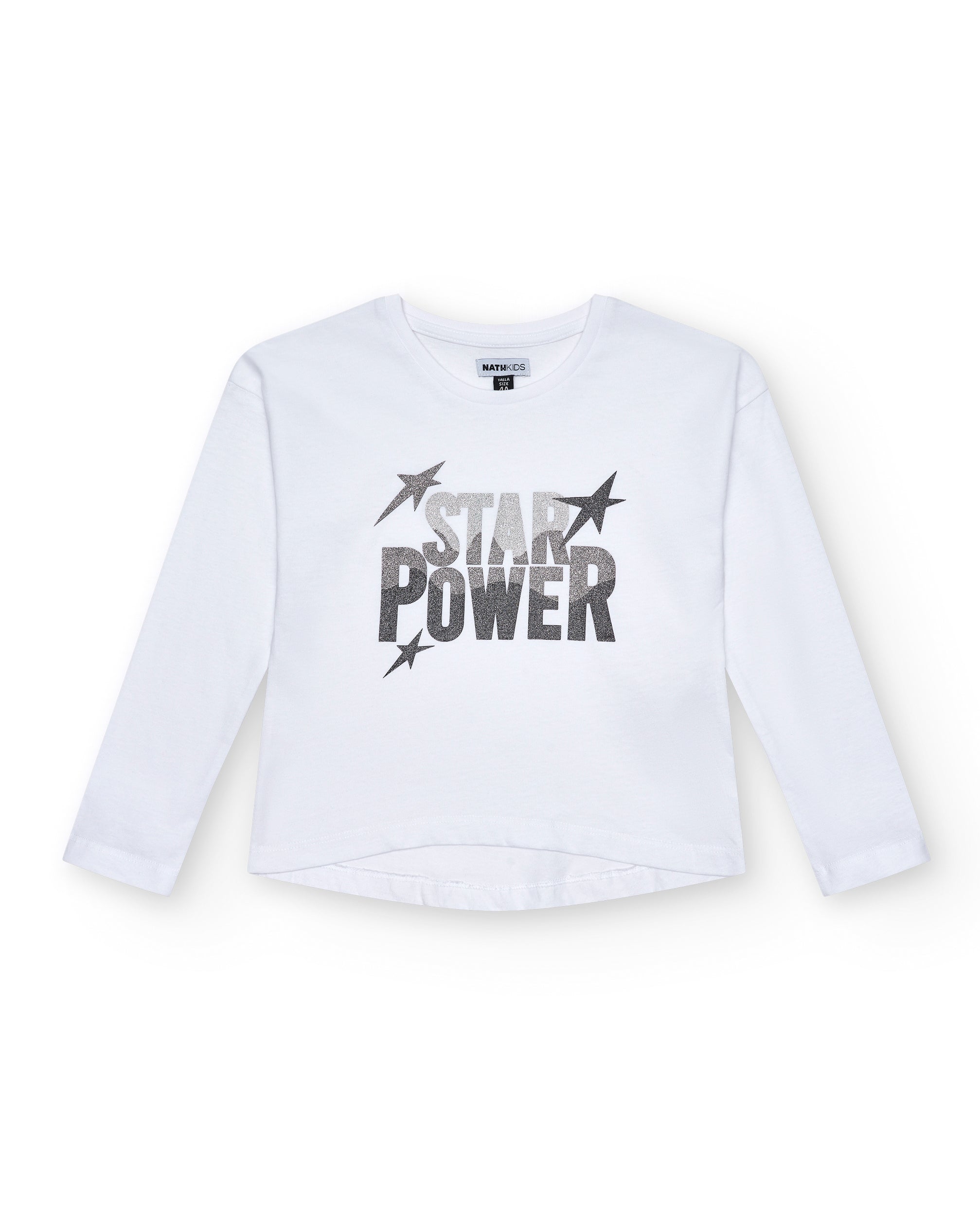 Camiseta blanca con texto "Star Power" en plateado para niña de