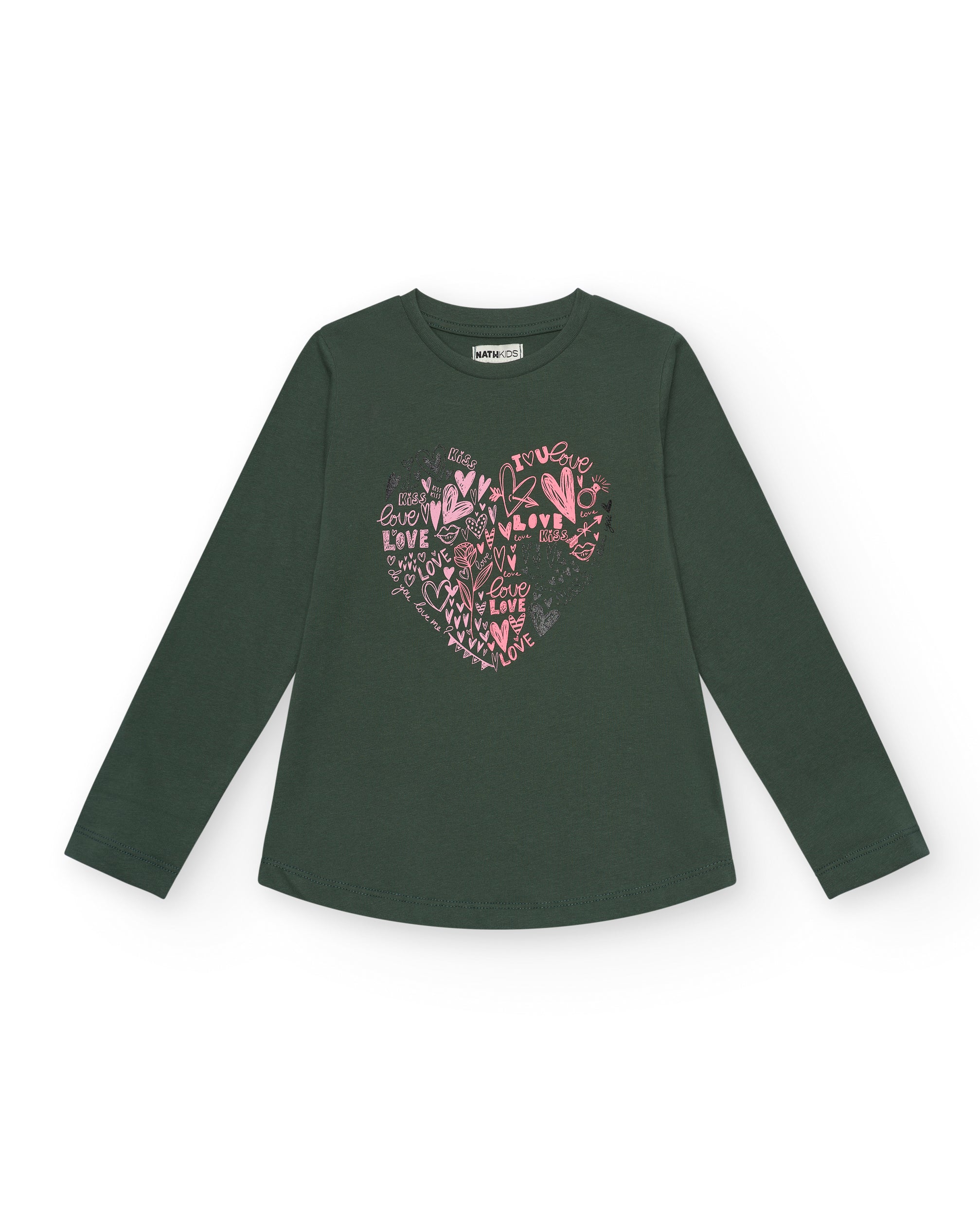 Camiseta verde de manga larga con corazón estampado colección