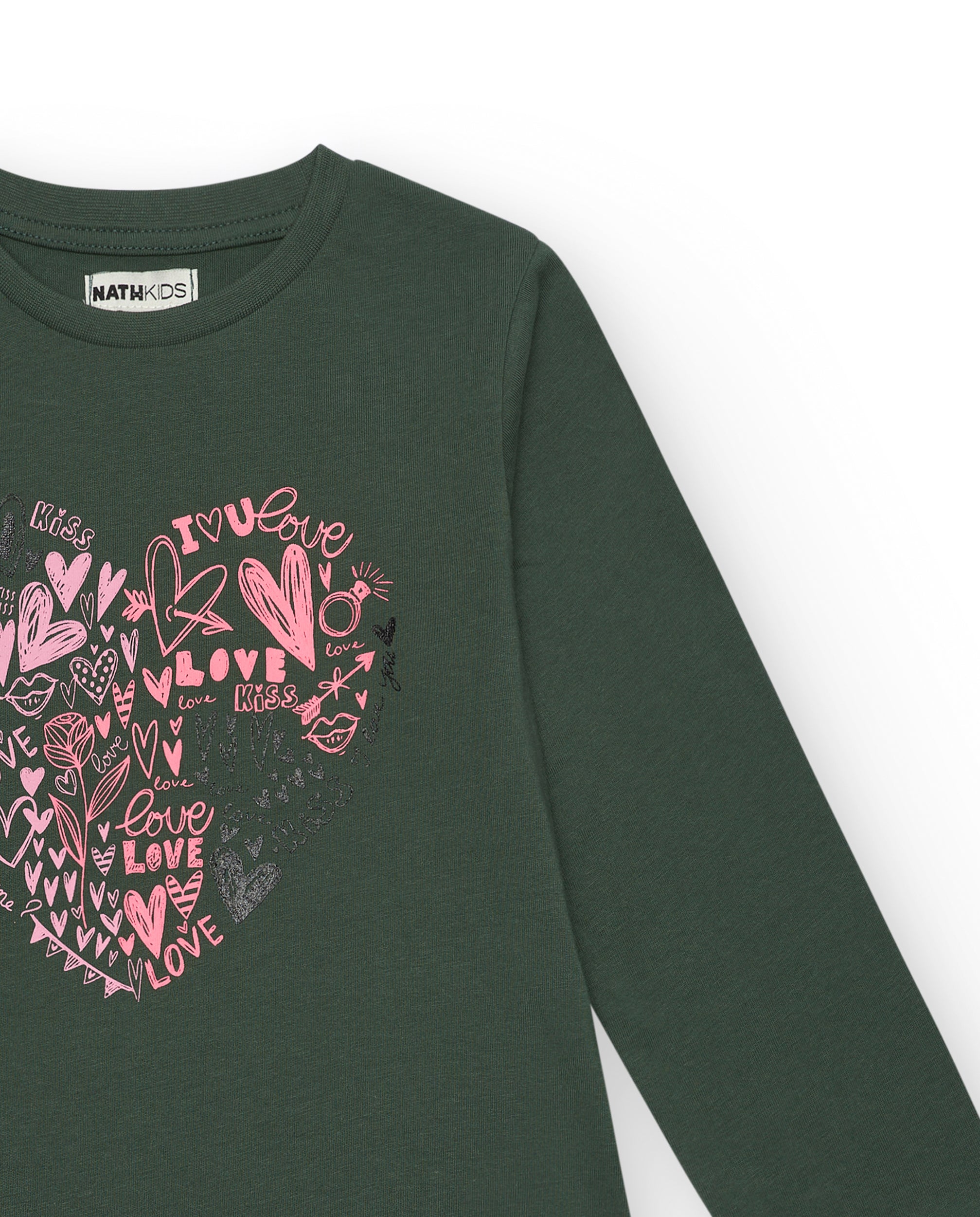Camiseta verde de manga larga con corazón estampado colección