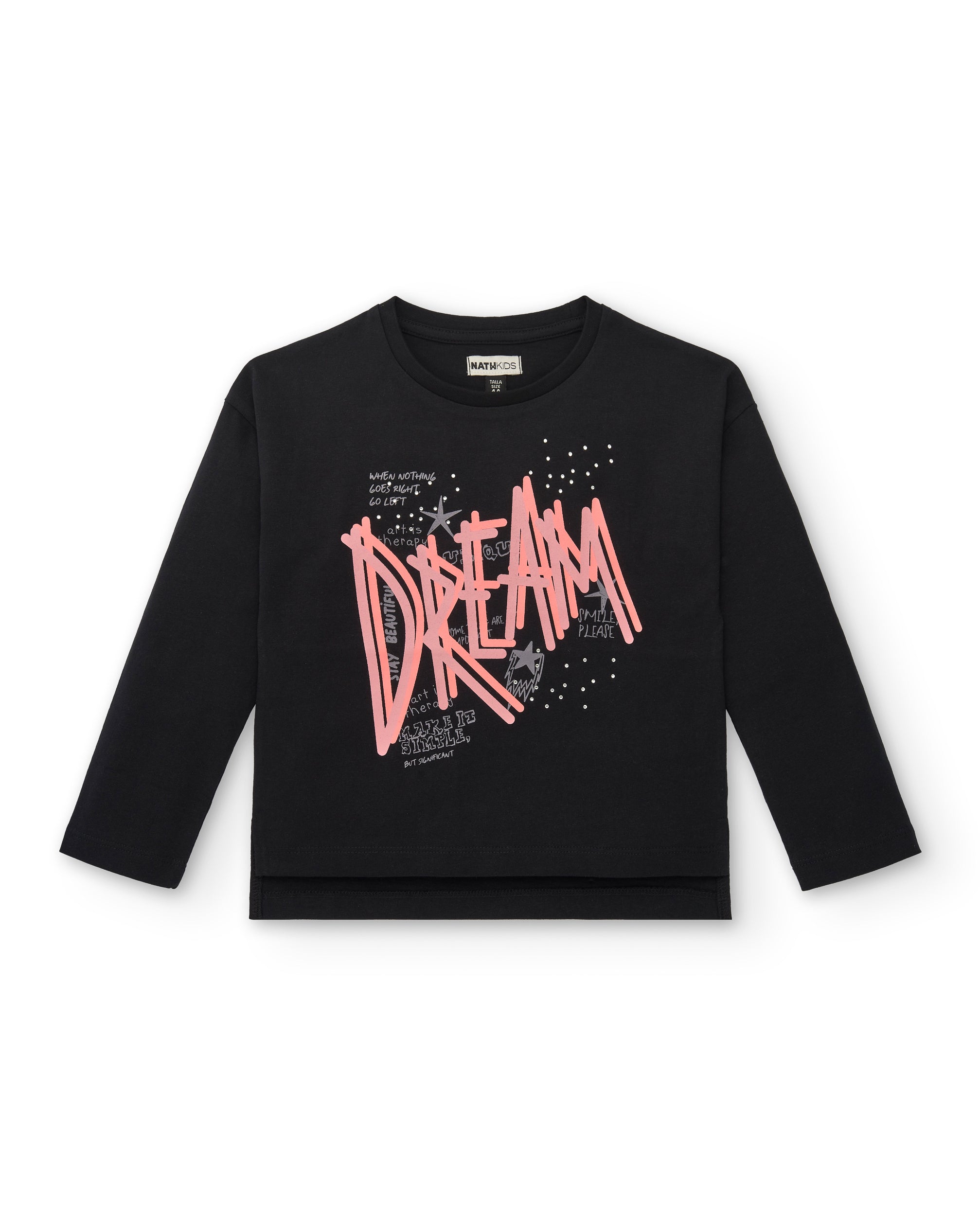 Camiseta negra de manga larga con mensaje "Dream" colección