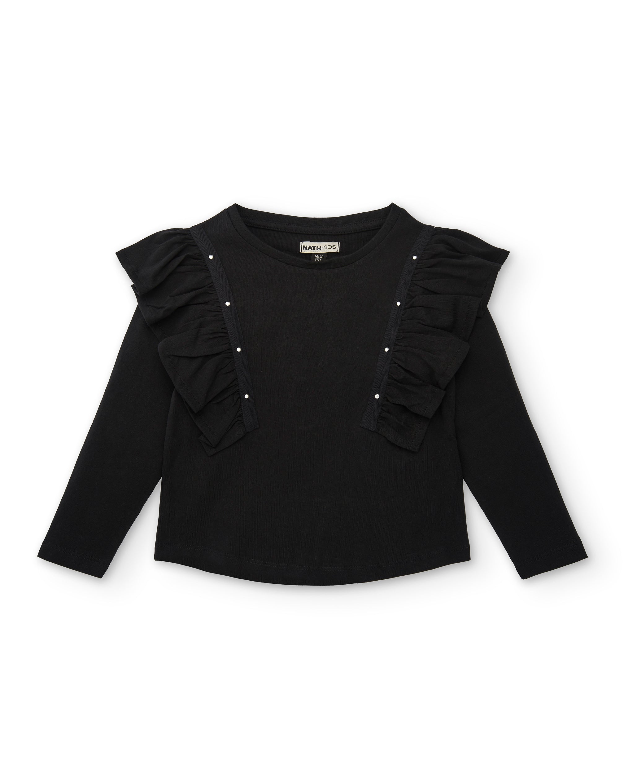 Camiseta negra con volantes y detalles brillantes para niña