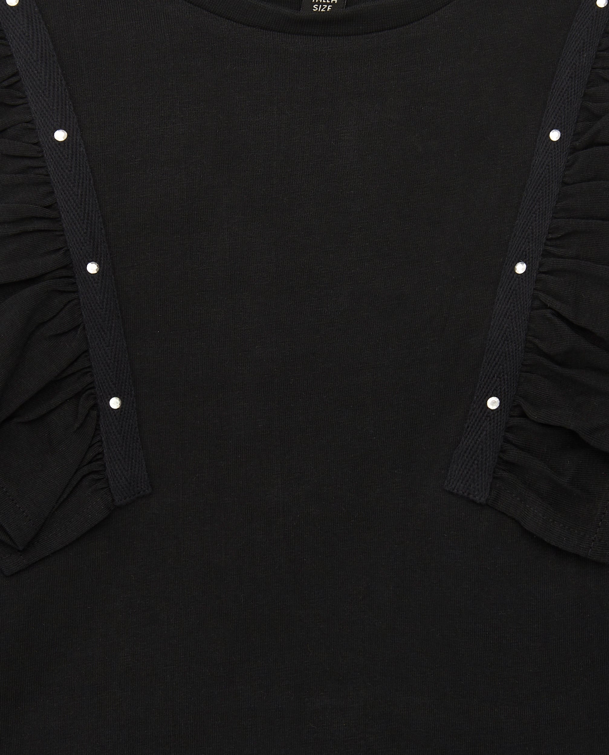 Camiseta negra con volantes y detalles brillantes para niña