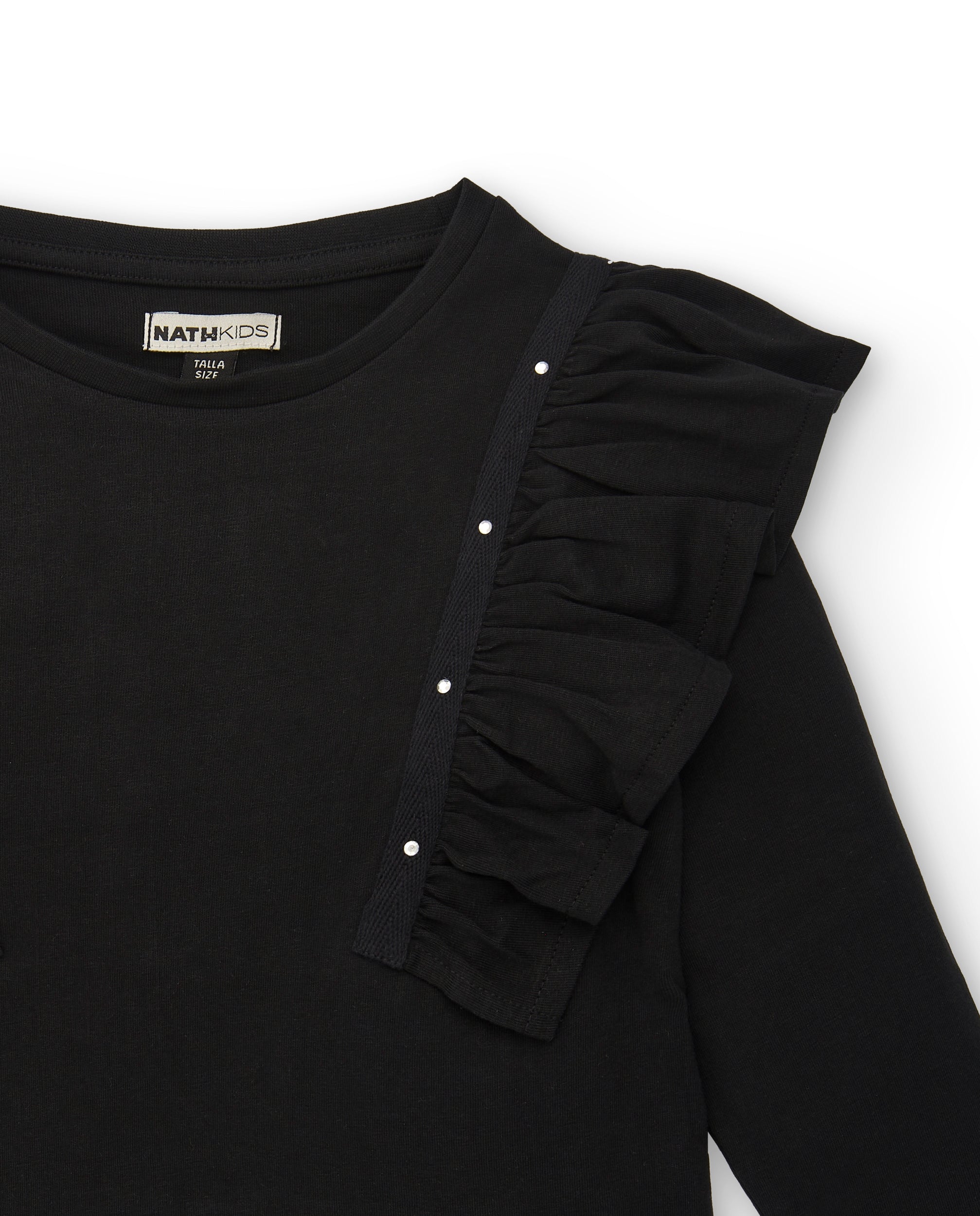 Camiseta negra con volantes y detalles brillantes para niña