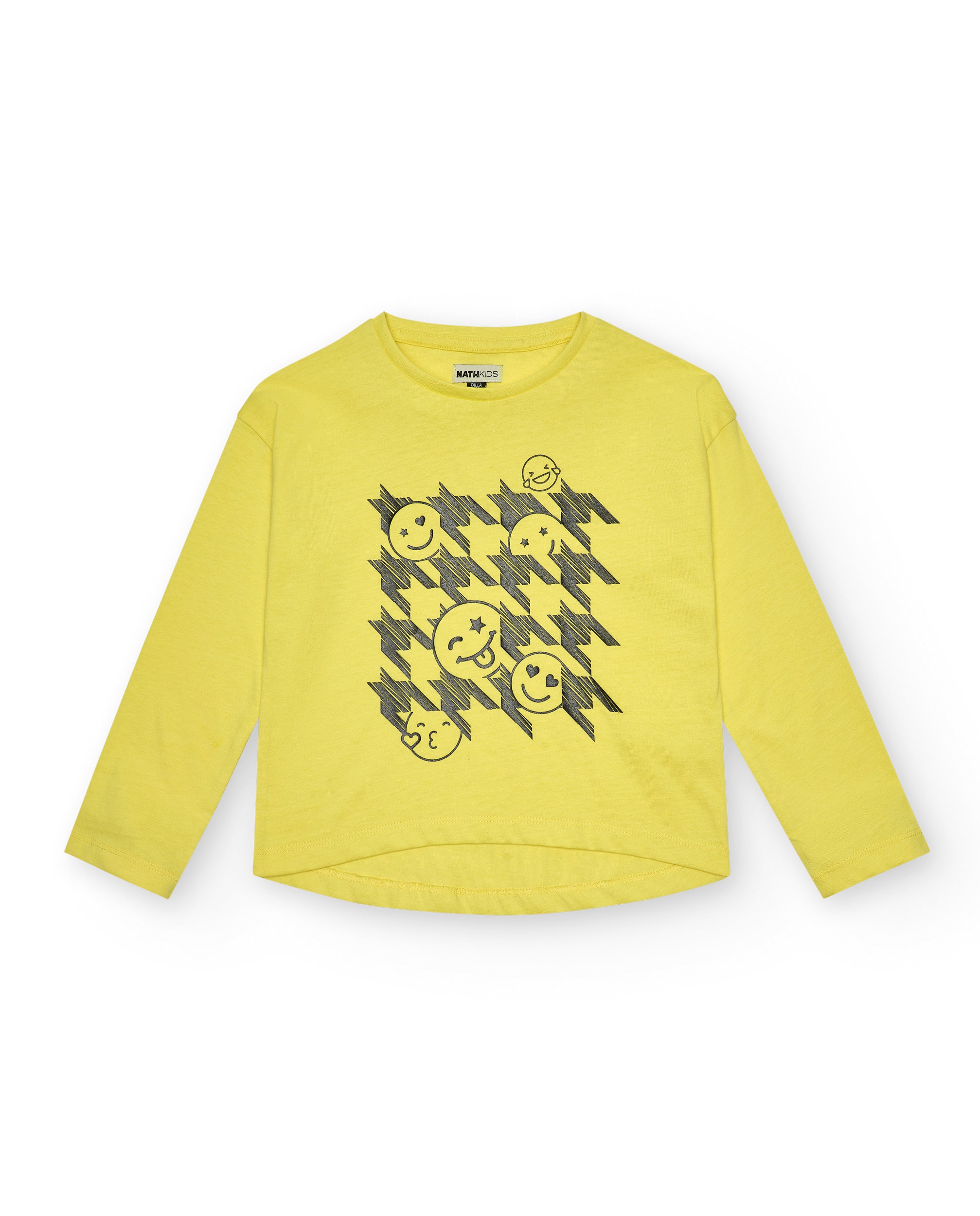 Camiseta amarilla con estampado de emojis y cuadros para niña